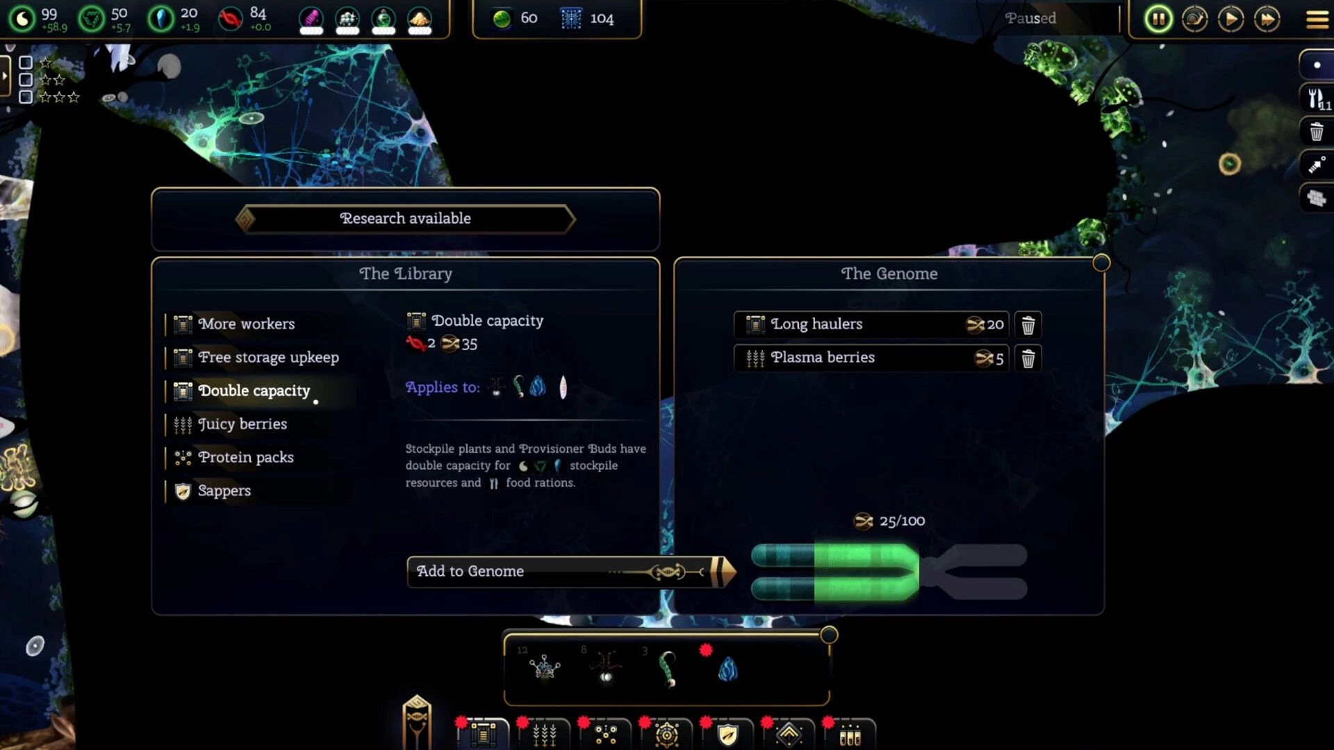 Primordial Empire: Research available menu with Library and Genome upgrades over a glowing cell map.