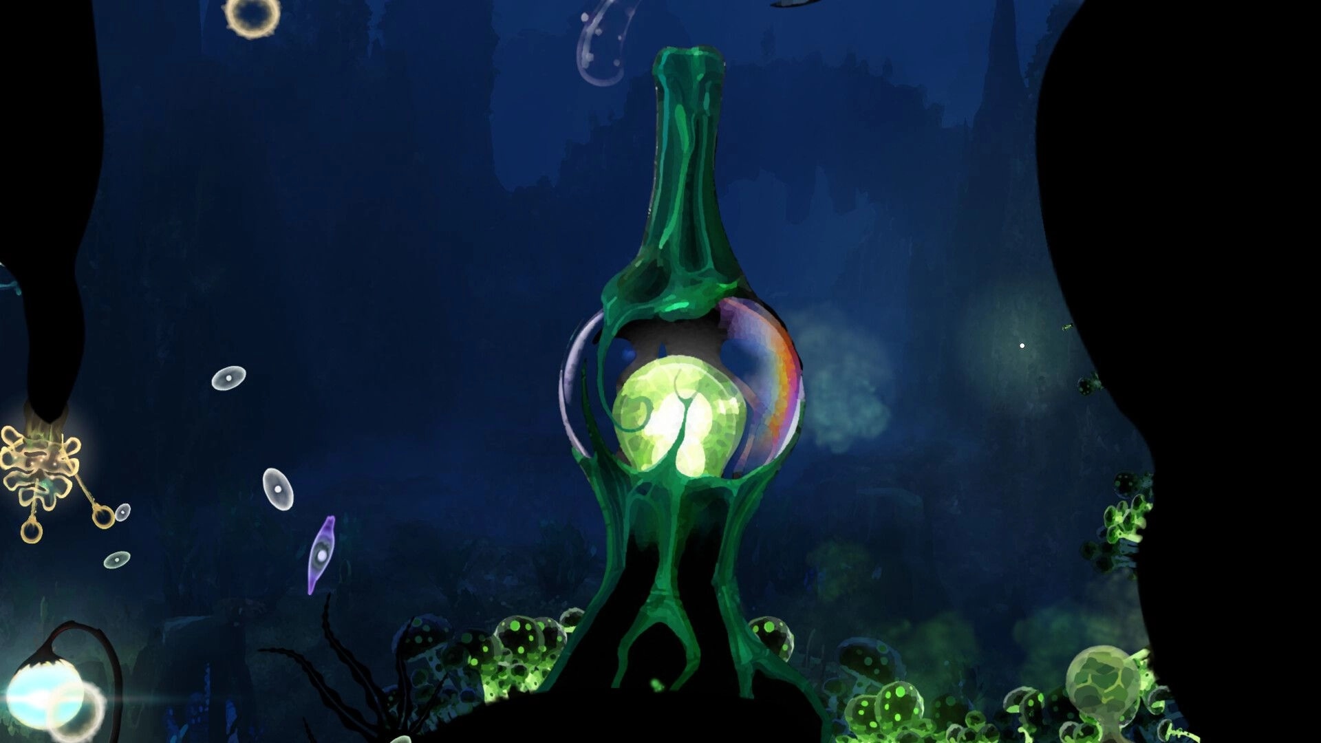 Primordial Empire: Glowing green spore pod structure in dark underwater biome with drifting microbes.