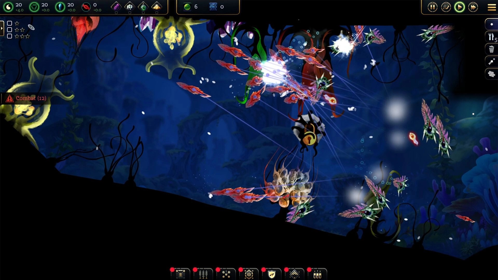 Primordial Empire: Combat swarm of red microbes firing beams at flying predators in dark ocean biome.