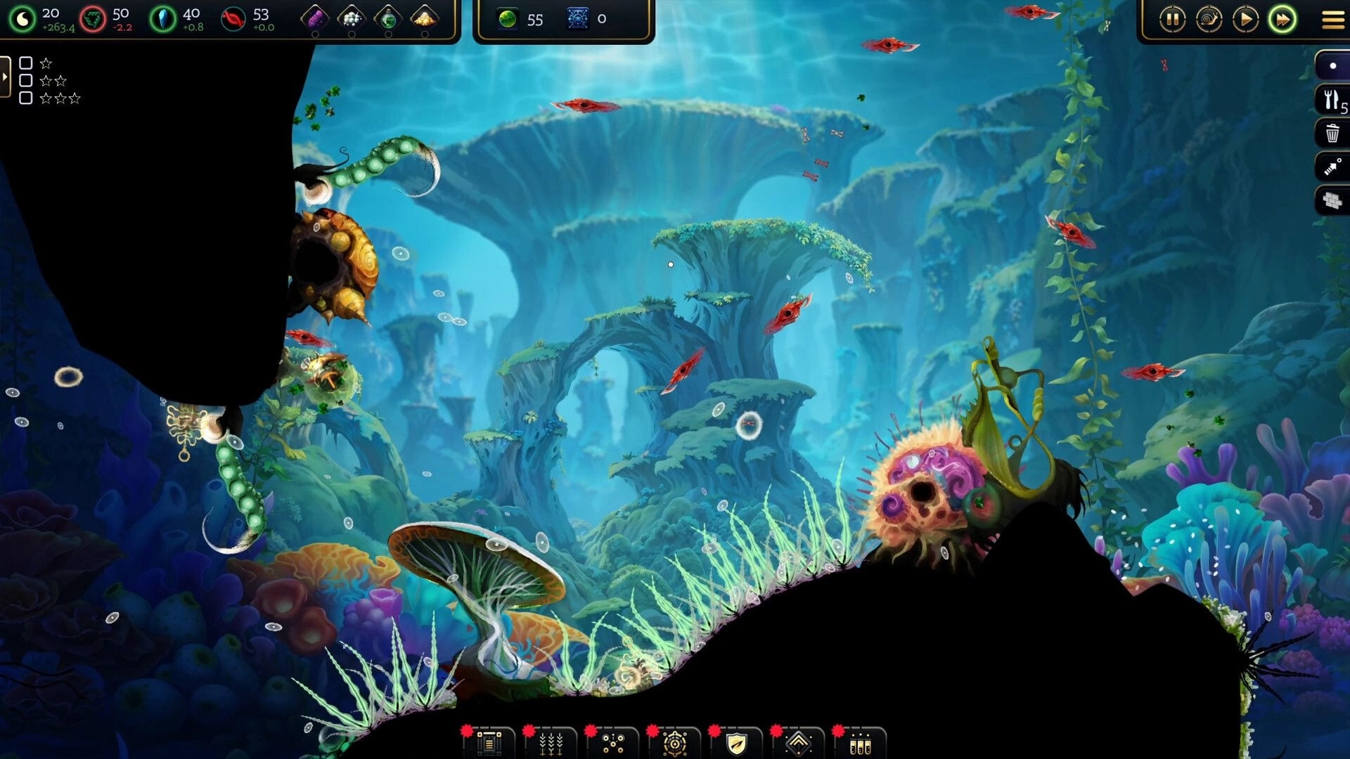 Primordial Empire: Underwater colony view with red microbes, terrain silhouettes, and resource UI bar.