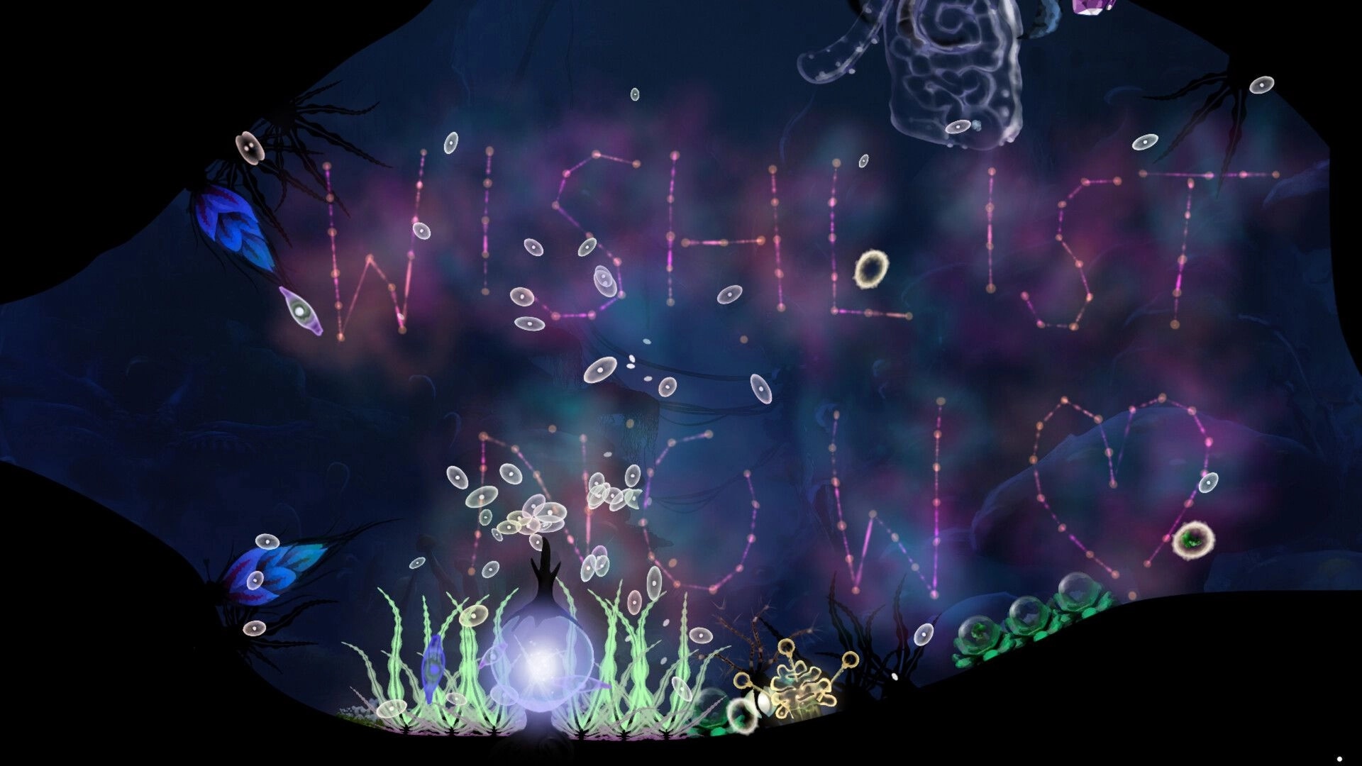 Primordial Empire: “WISH LIST ON STEAM” text with drifting microbes in a dark bioluminescent pool.