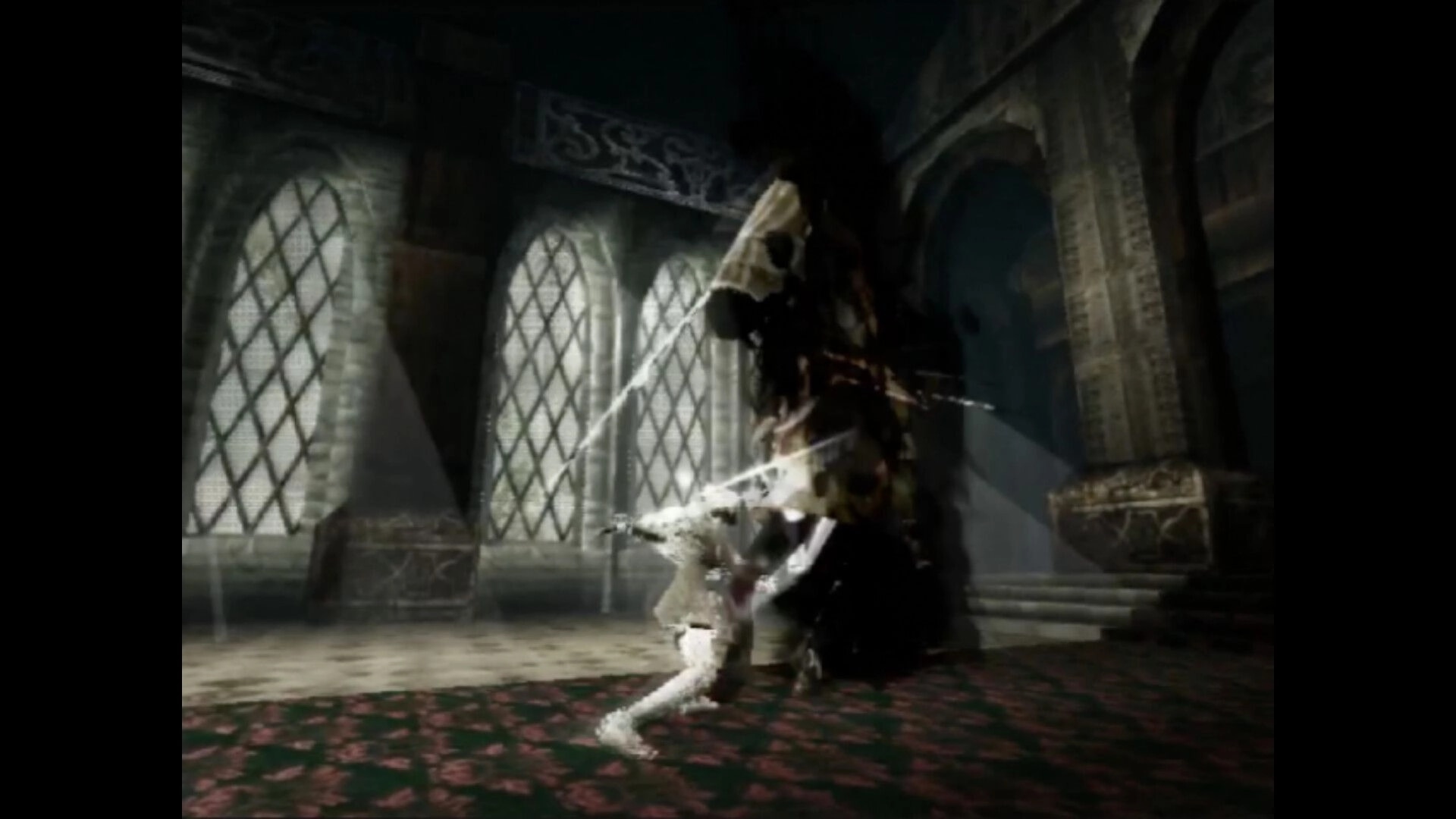 PRISON OF HUSKS: Player doll character battles a towering shadowy boss in a gothic cathedral setting.