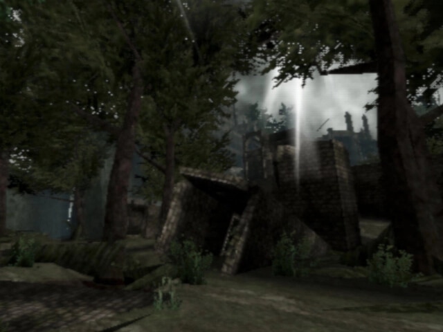 PRISON OF HUSKS: Overgrown ruins in a dense forest with shafts of light filtering through tall trees