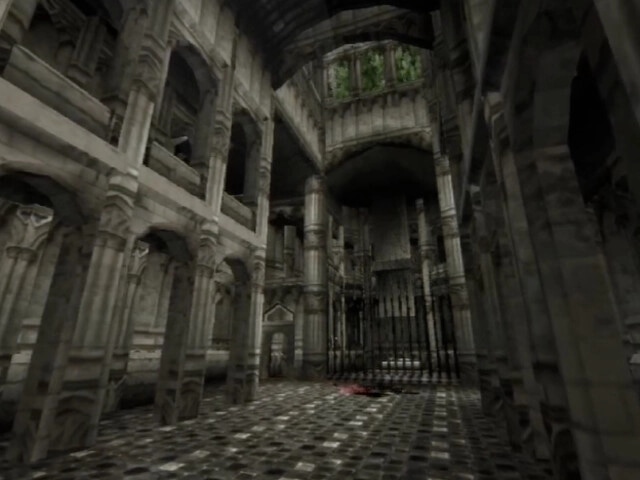 PRISON OF HUSKS: Abandoned cathedral interior with towering pillars and intricate stonework details