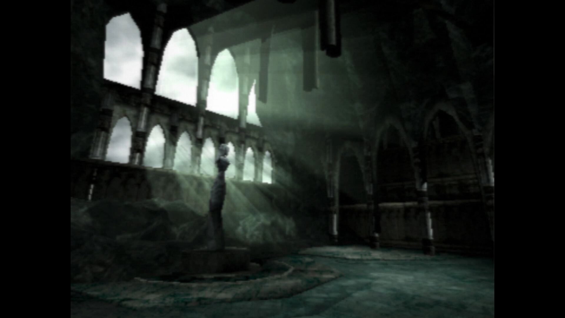 PRISON OF HUSKS: Stone statue under arched windows in dimly lit, ancient cathedral interior