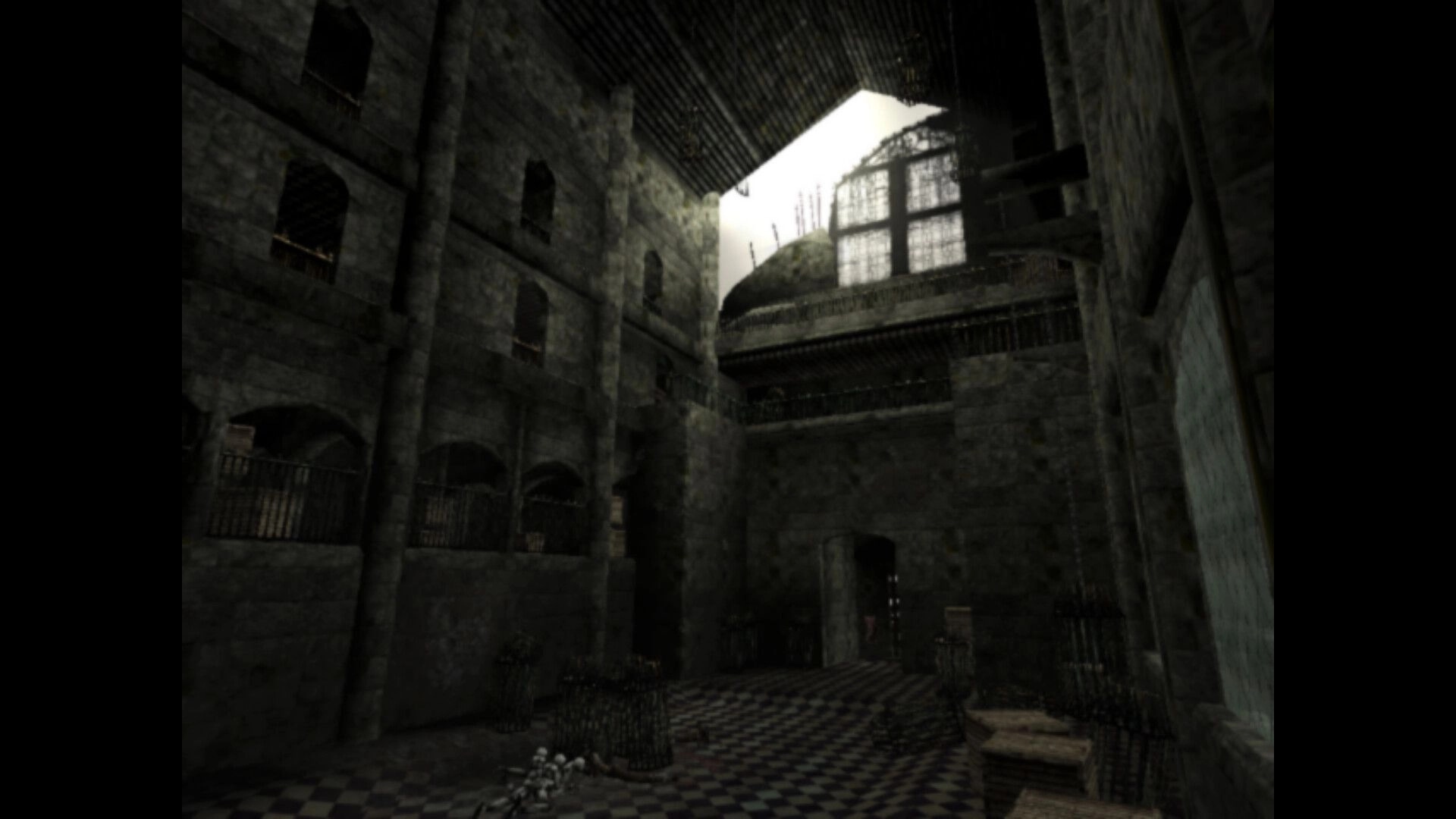 PRISON OF HUSKS: Sunlight streams into a decrepit stone courtyard with barred windows and checkerboard floor.