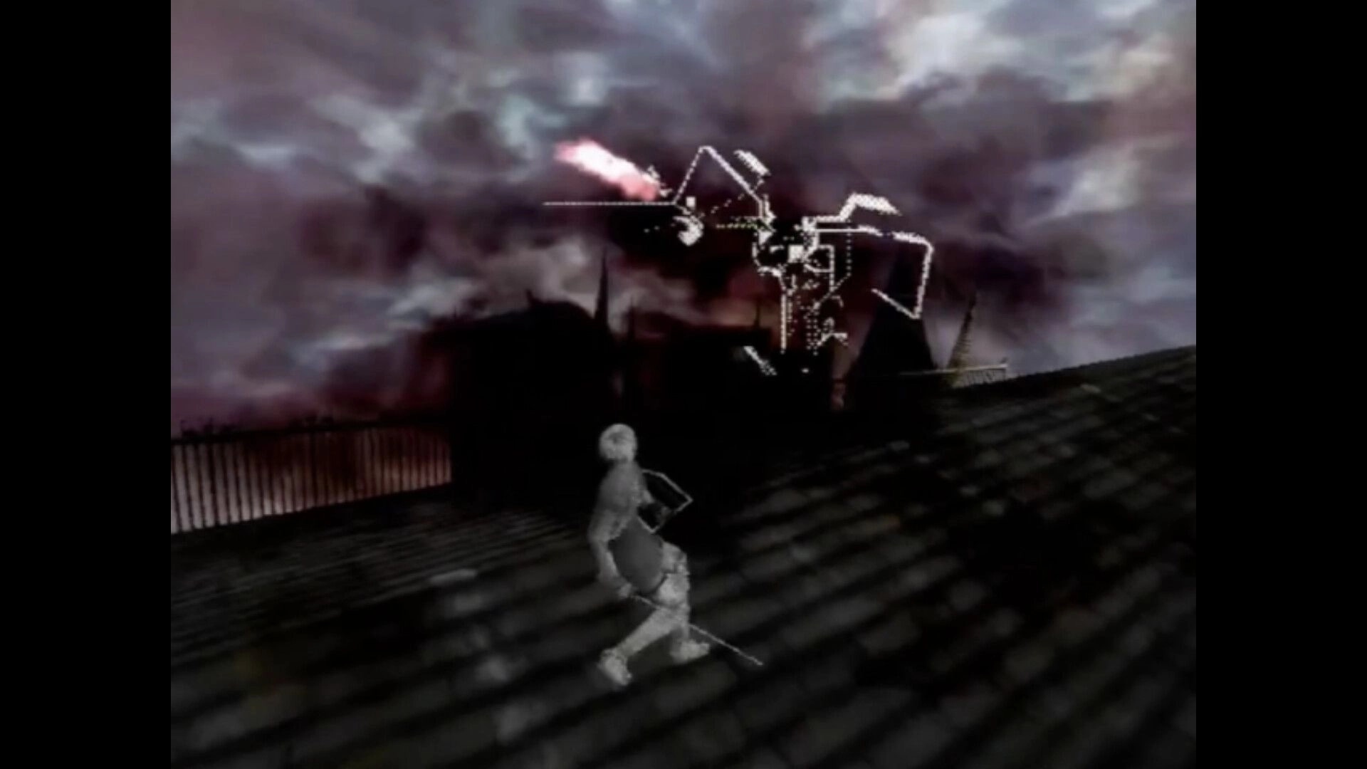 PRISON OF HUSKS: Player confronts a skeletal flying creature on a rooftop under a stormy, ominous sky.