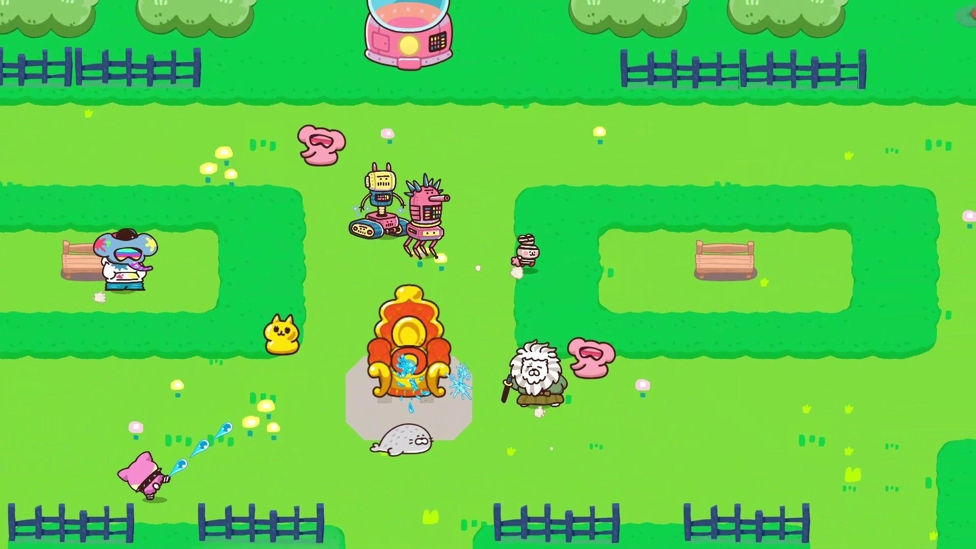PRITTO PRISONER: Animal inmates use chaotic tactics against robot wardens in vibrant garden environment.