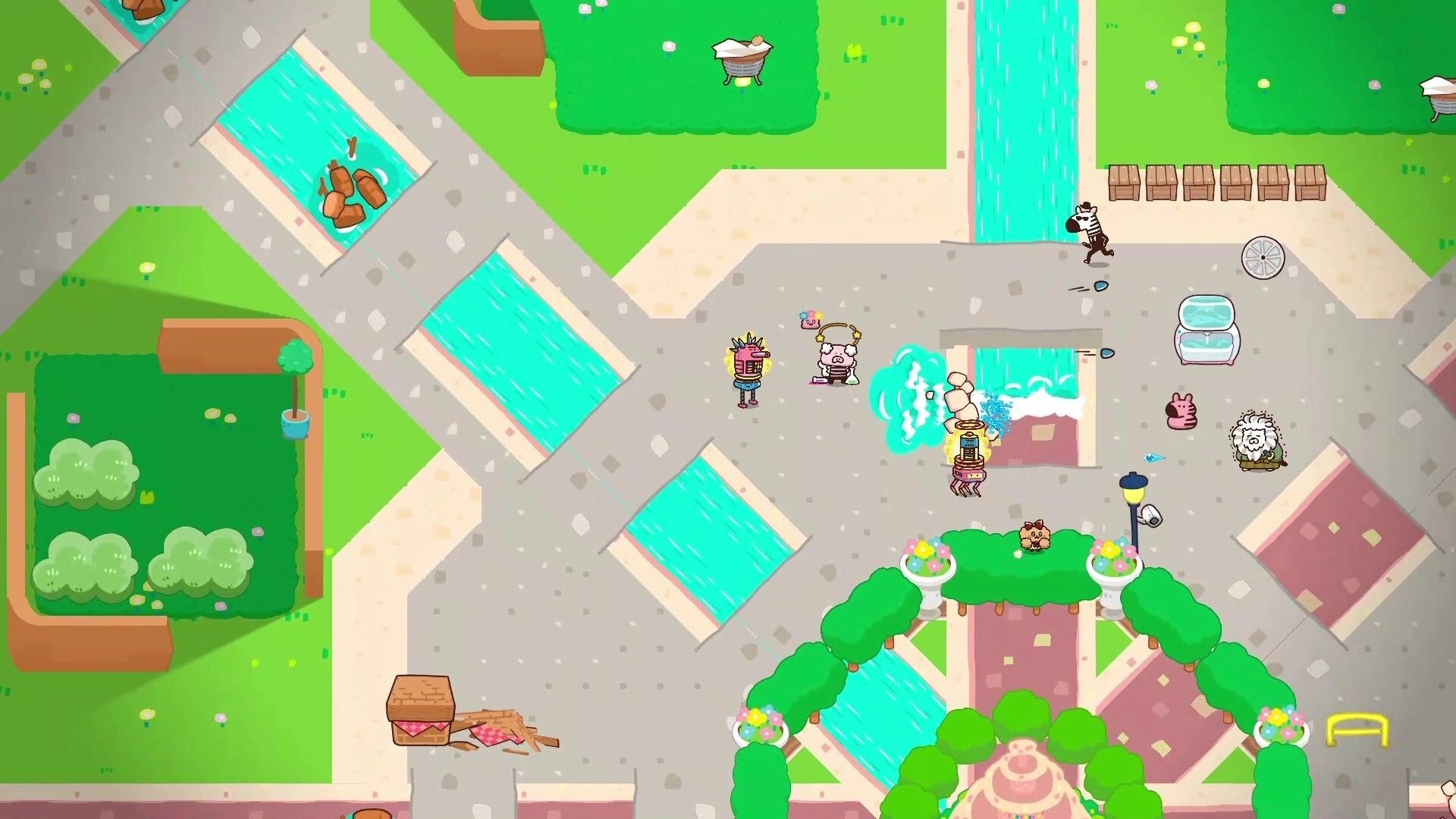 PRITTO PRISONER: Animal inmates and robot wardens strategize near canal in colorful garden plaza.