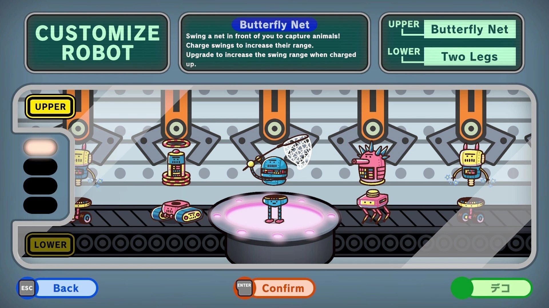 PRITTO PRISONER: Robot customization screen with butterfly net and various robot parts on a conveyor belt.