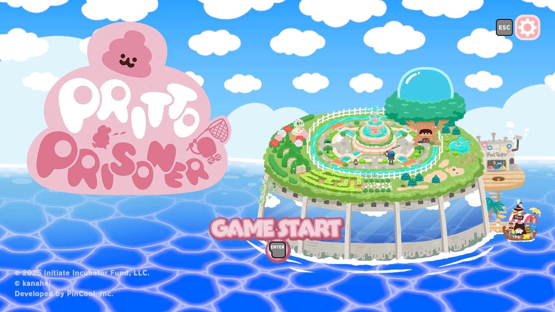 PRITTO PRISONER: Vibrant island with game start button, colorful landscape, and playful design elements