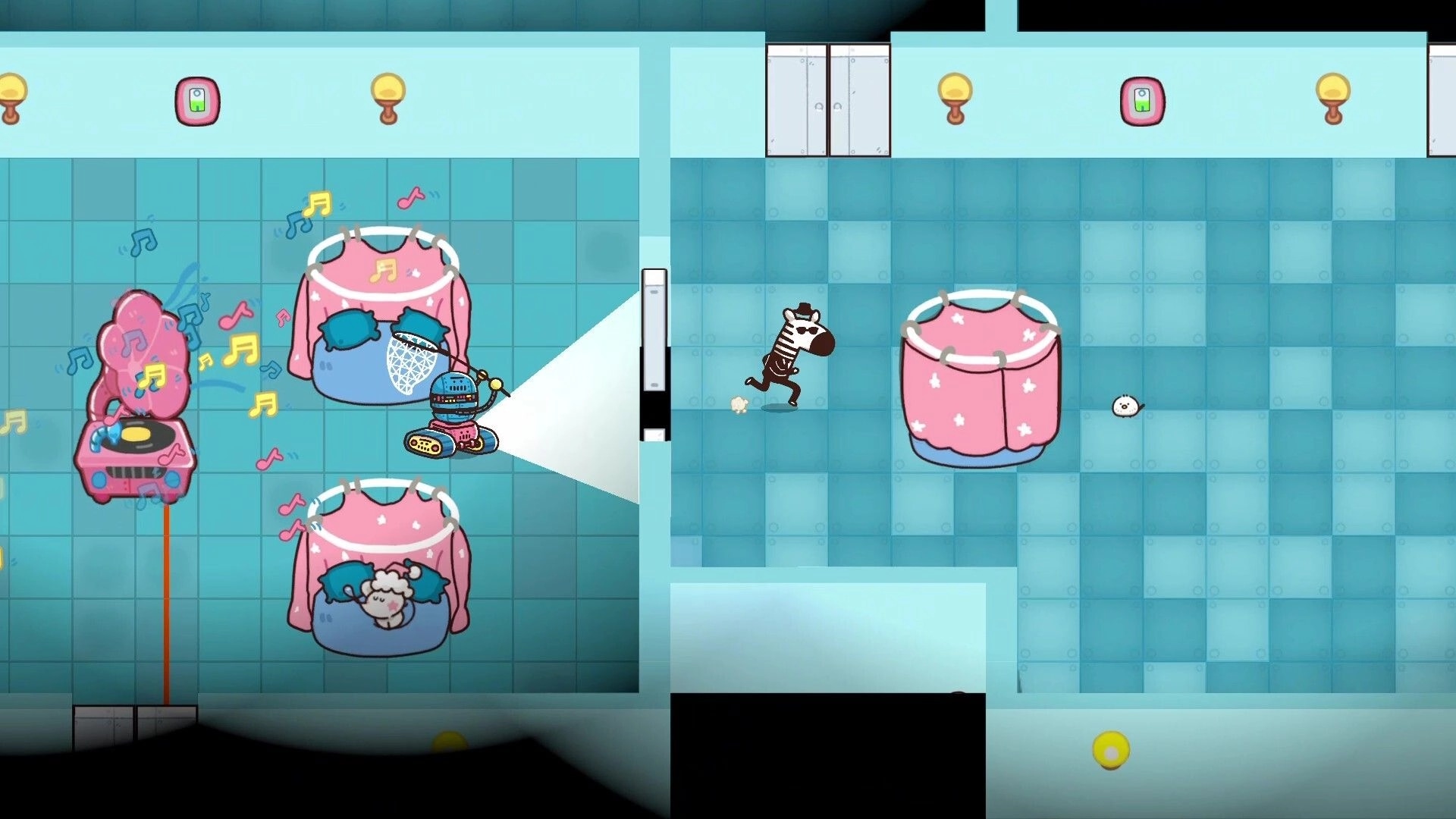 PRITTO PRISONER: Robot warden patrols while an inmate in a skeleton suit sneaks past in tiled room.