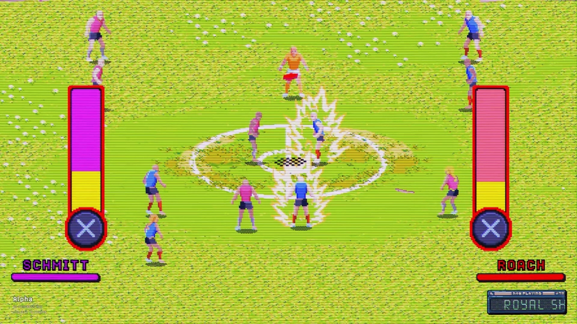 Pro Jank Footy: Midfield clash with lightning power-up at center circle on a pixel grass pitch.
