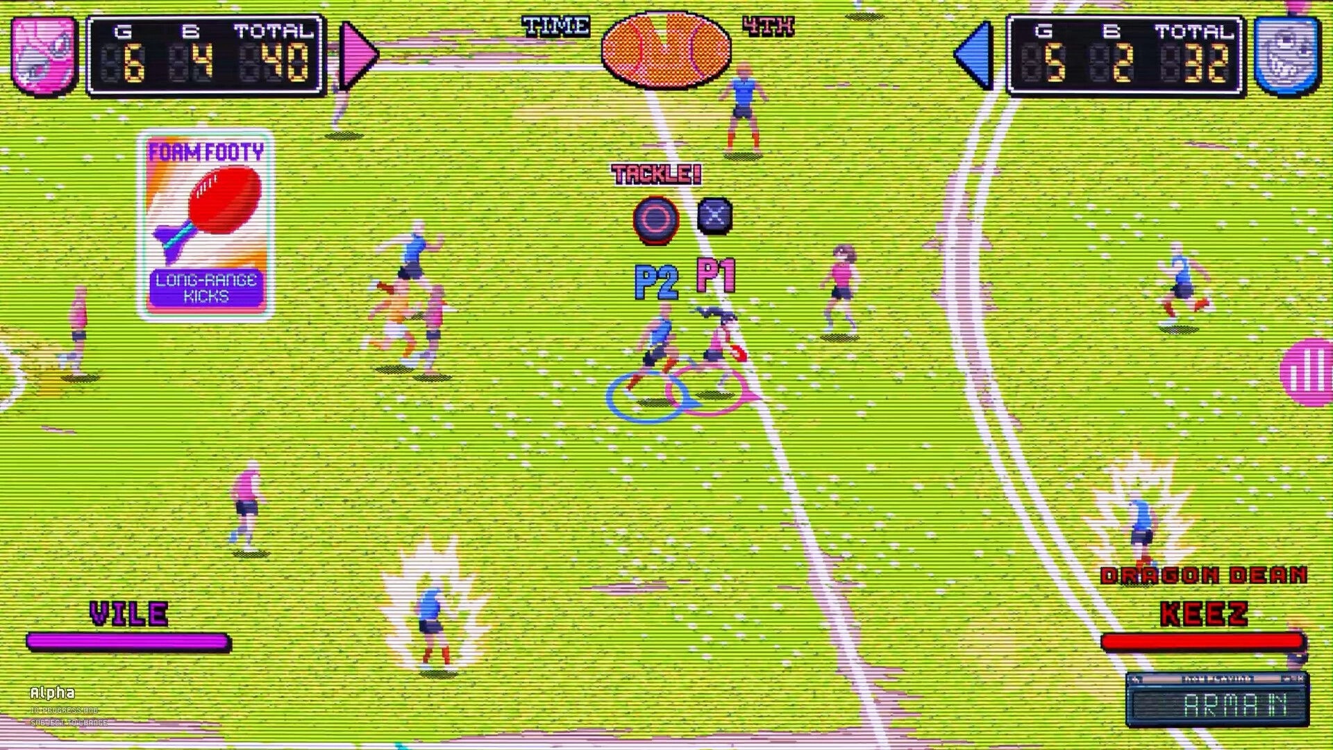 Pro Jank Footy: P1 and P2 clash for the ball with TACKLE prompt on a pixelated oval field UI.