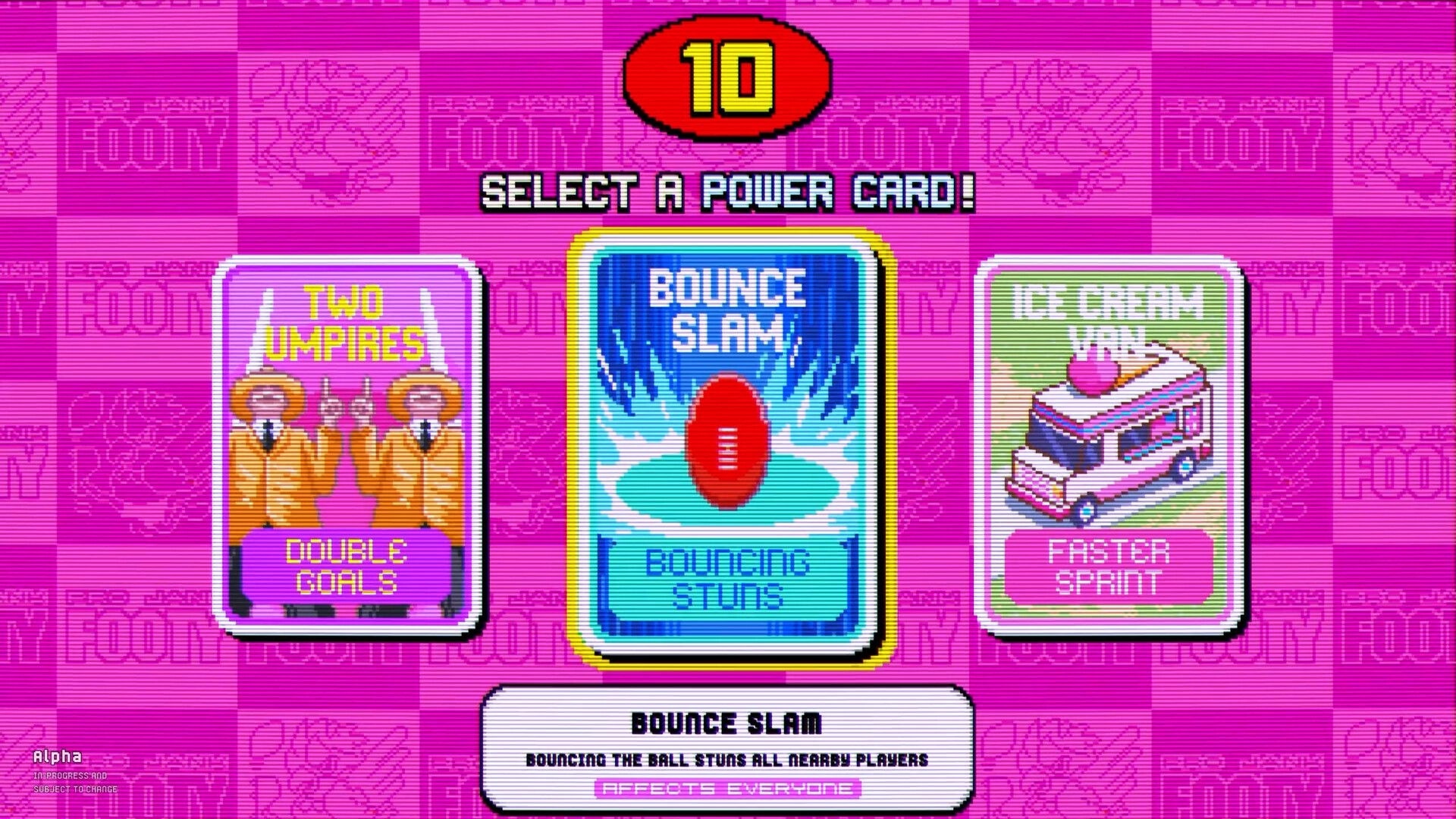 Pro Jank Footy: Power card selection menu with Bounce Slam highlighted on a pink checkered backdrop.