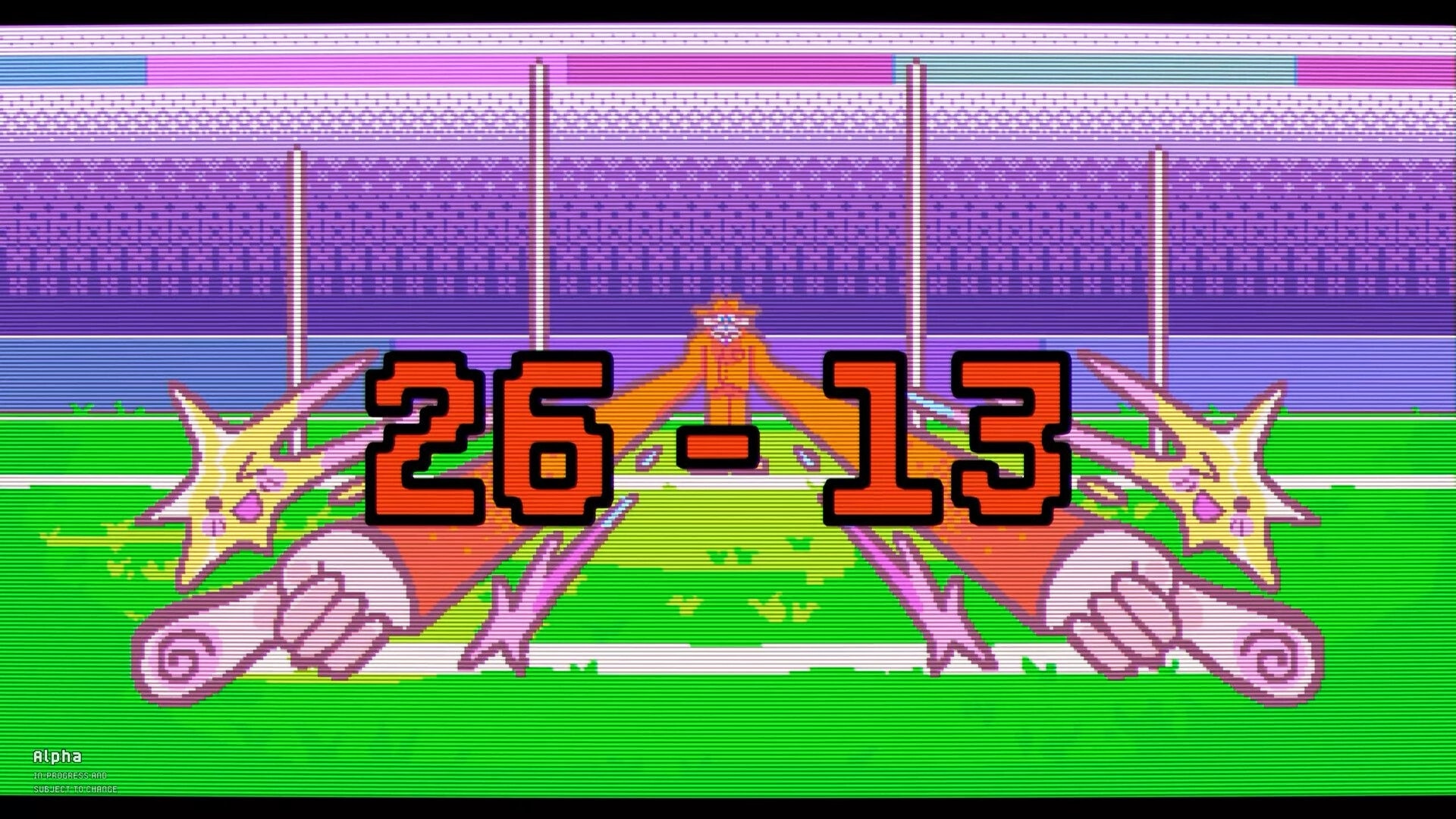 Pro Jank Footy: Scoreboard reads 26–13 over crossed bats and gloves on a pixel stadium field backdrop.