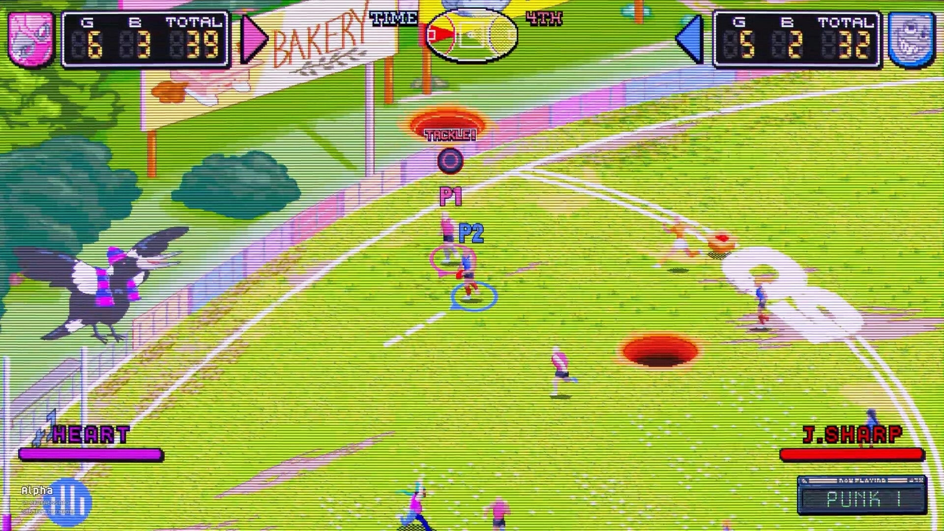 Pro Jank Footy: P1 and P2 tackle near the sideline as a giant bird flies over the field pitch.