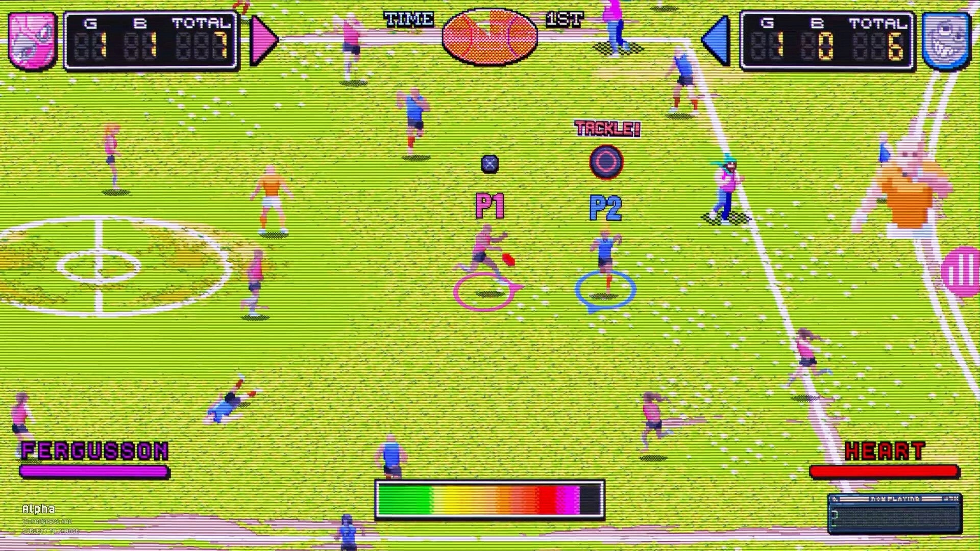 Pro Jank Footy: P1 and P2 chase a loose ball with TACKLE prompt on a pixel soccer field UI.