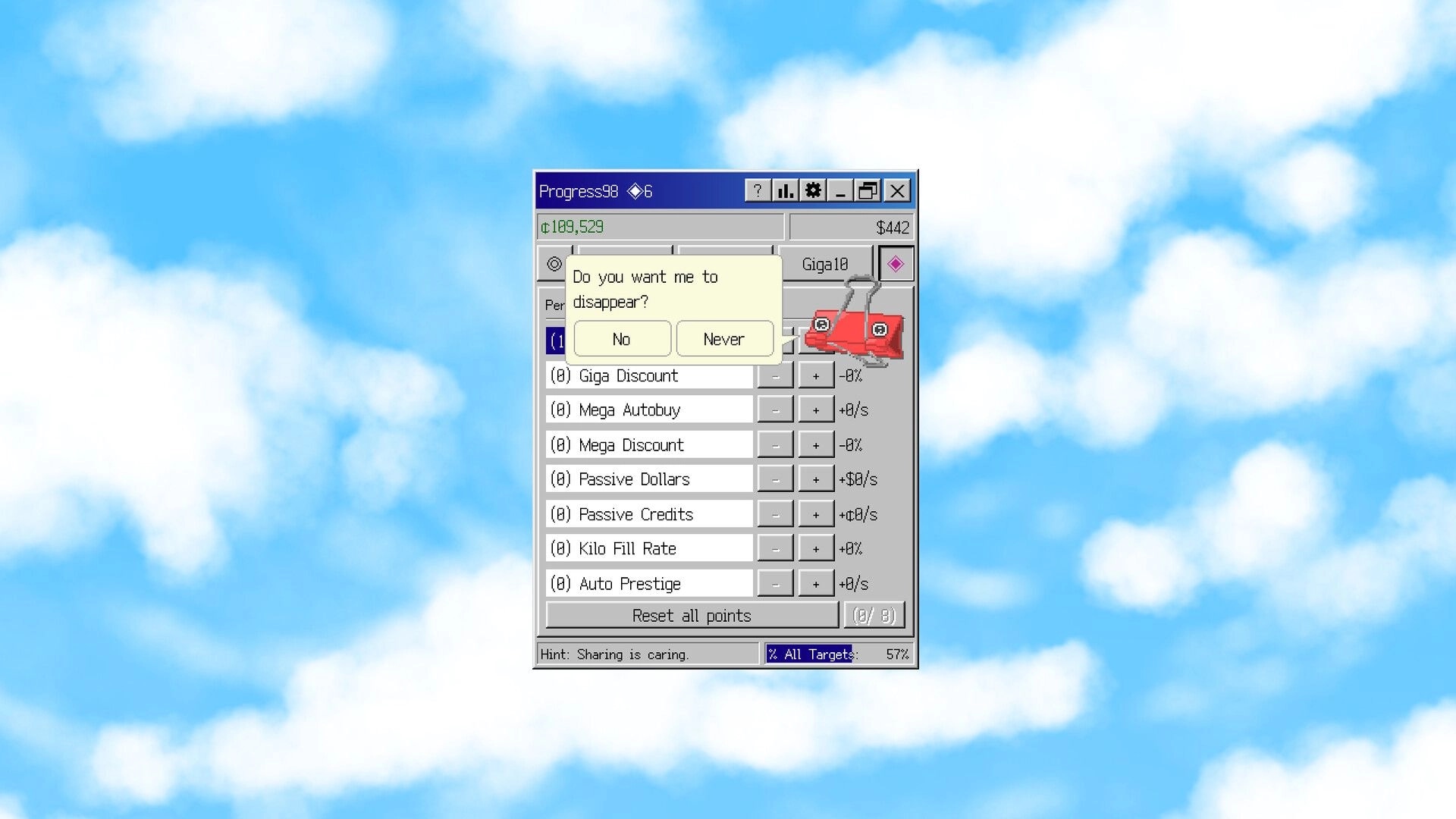 Progress98: Upgrade points menu with popup “Do you want me to disappear?” over cloudy desktop sky.