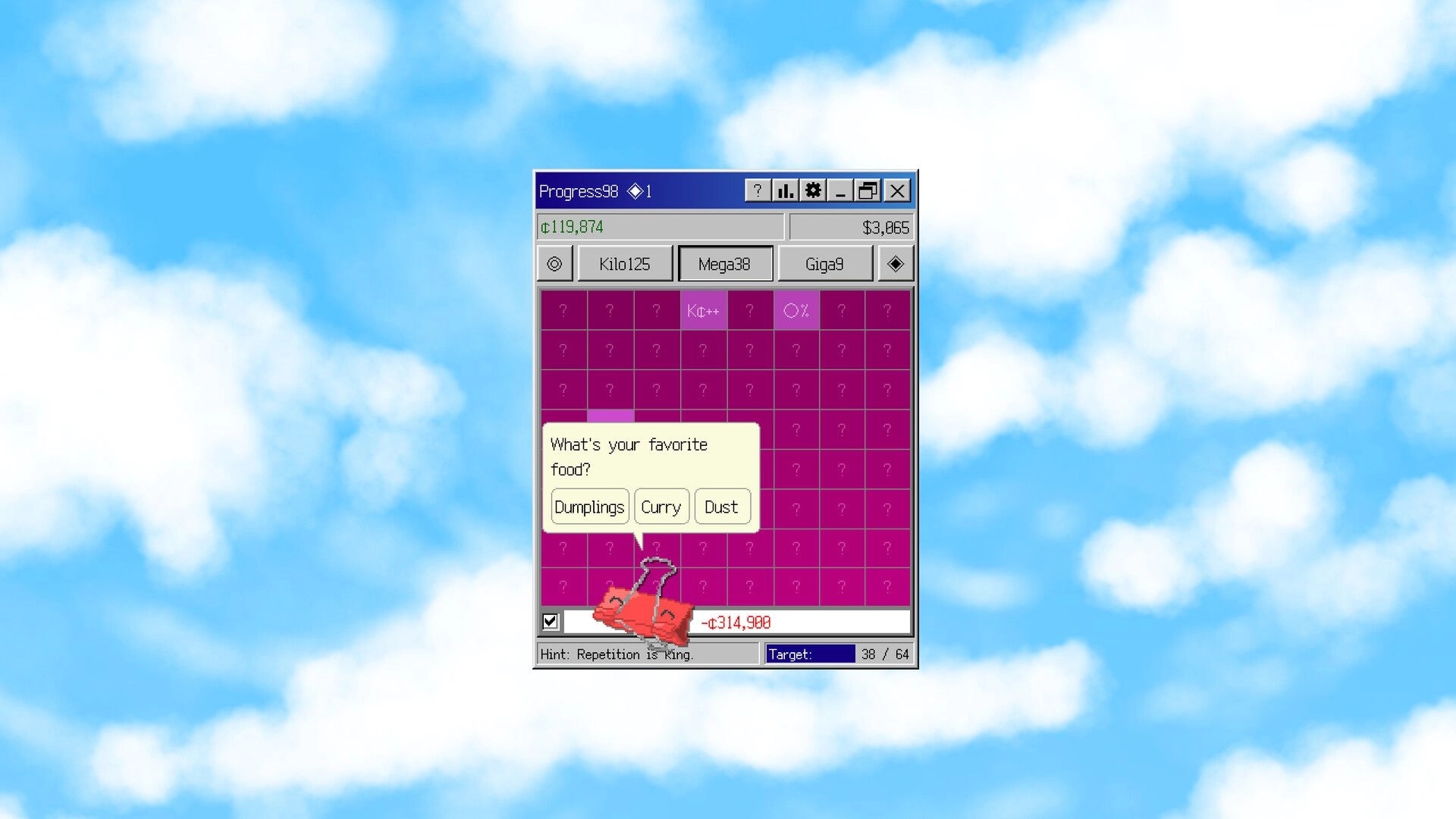 Progress98: Retro window UI with purple grid and quiz popup, money counters, and progress bar on sky bg.