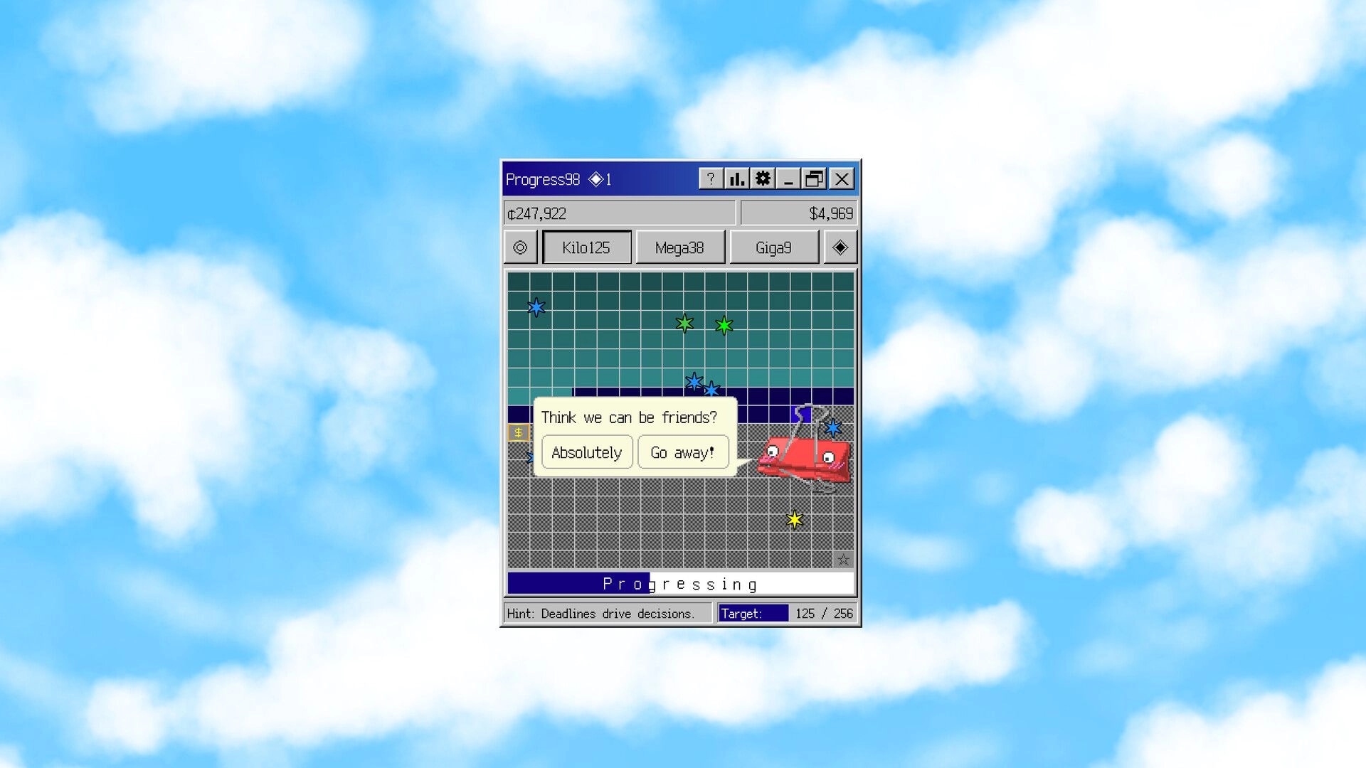 Progress98: Retro windowed progress grid with stars and a popup choice beside a red bug creature.