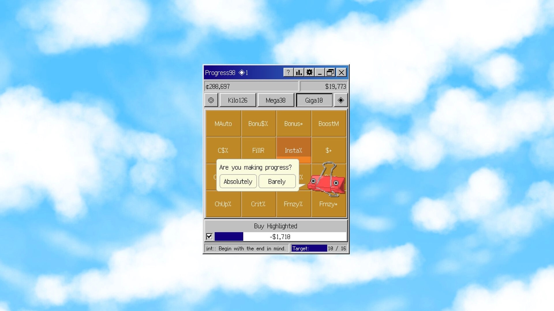 Progress98: Upgrade grid and pop-up asking “Are you making progress?” in retro window over sky backdrop.