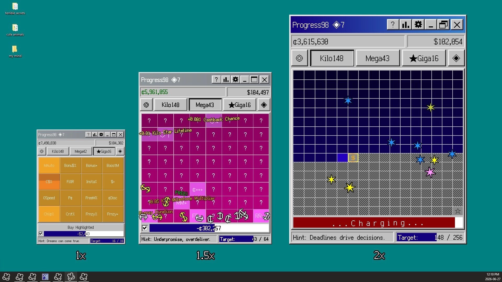 Progress98: Multiple upgrade windows and a star grid minigame with progress totals on a teal desktop.