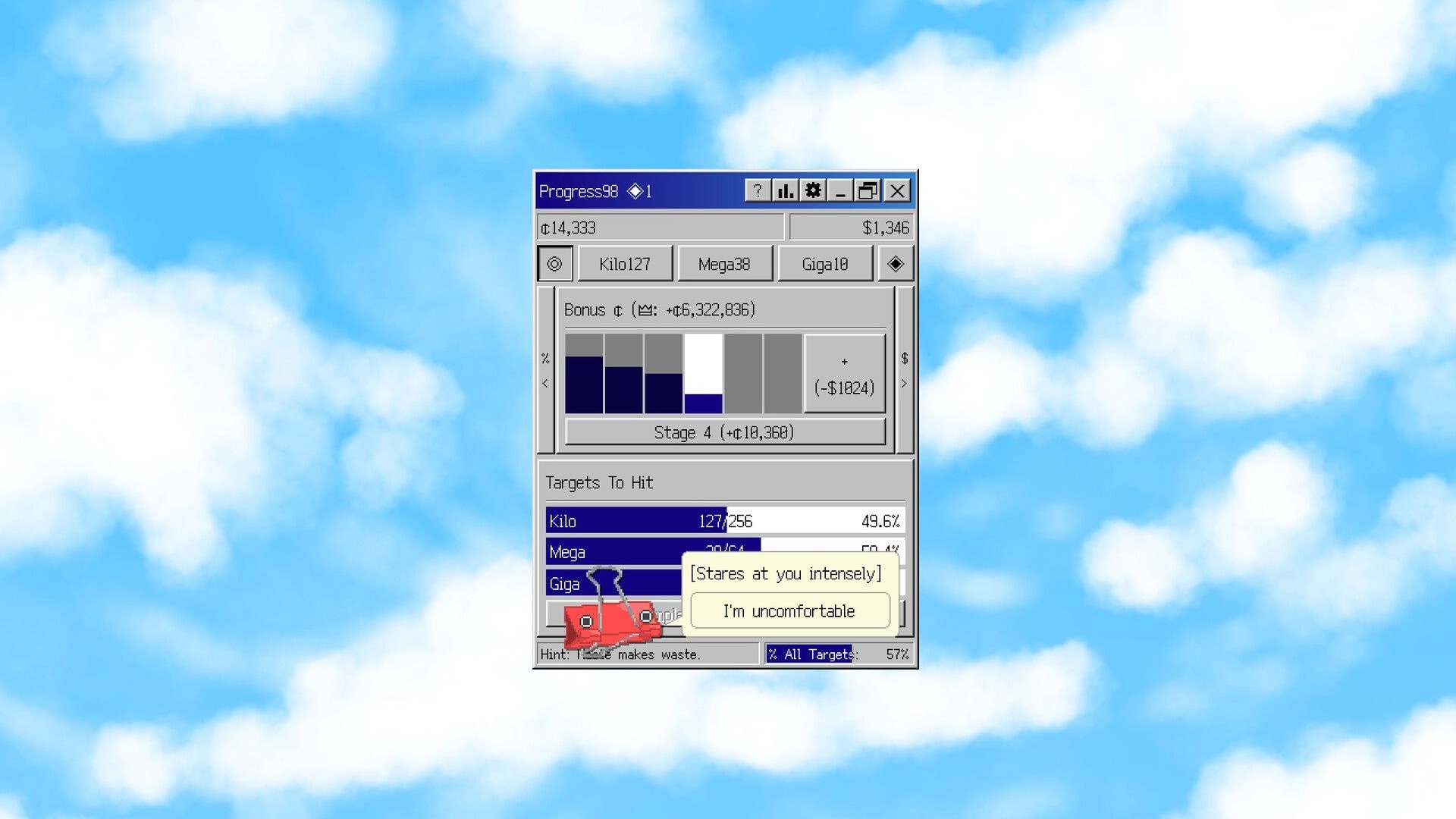 Progress98: Retro windowed progress UI with bonus bars and targets list over a blue sky background.