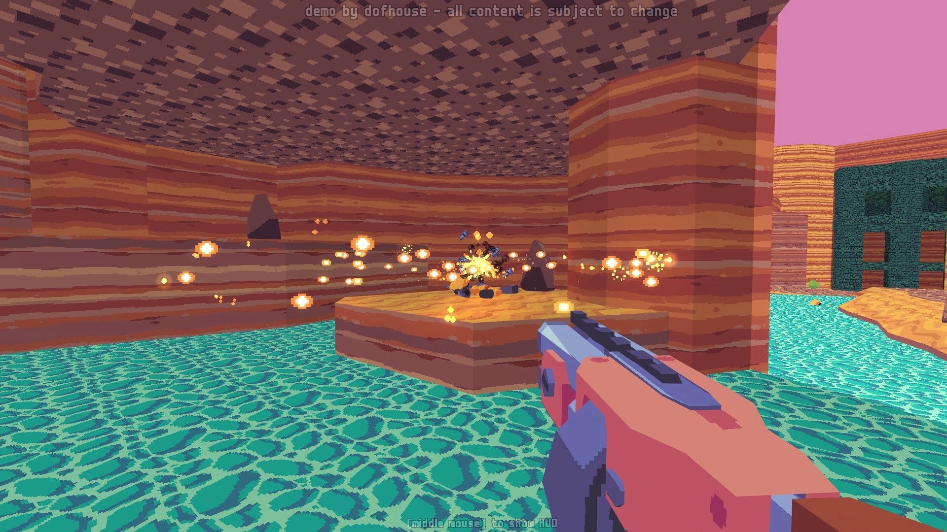Project: First-person shooting with SID in a colorful canyon environment, explosive action in progress