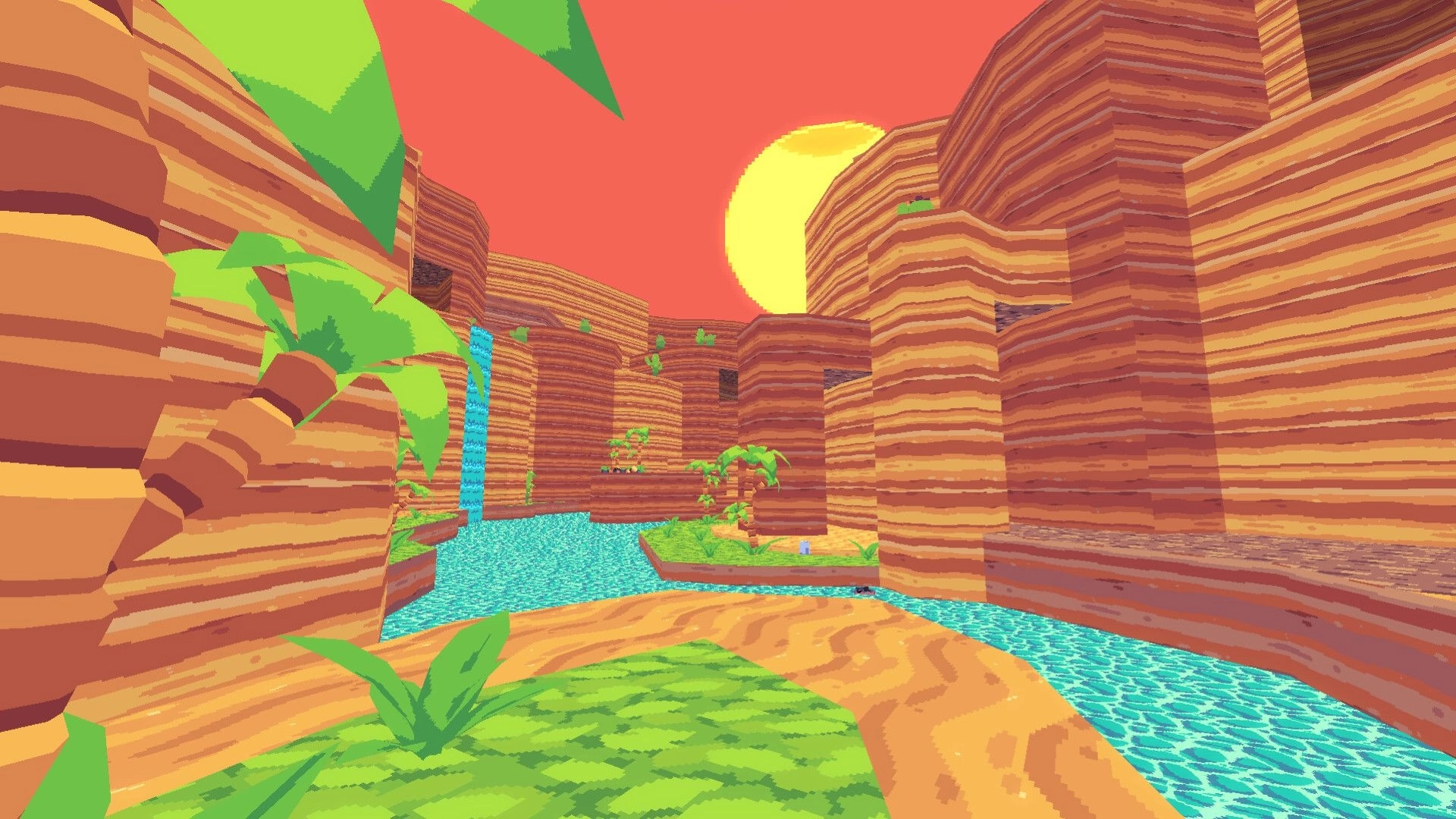Project: Vibrant canyon landscape with turquoise river and lush plants under a bright orange sky