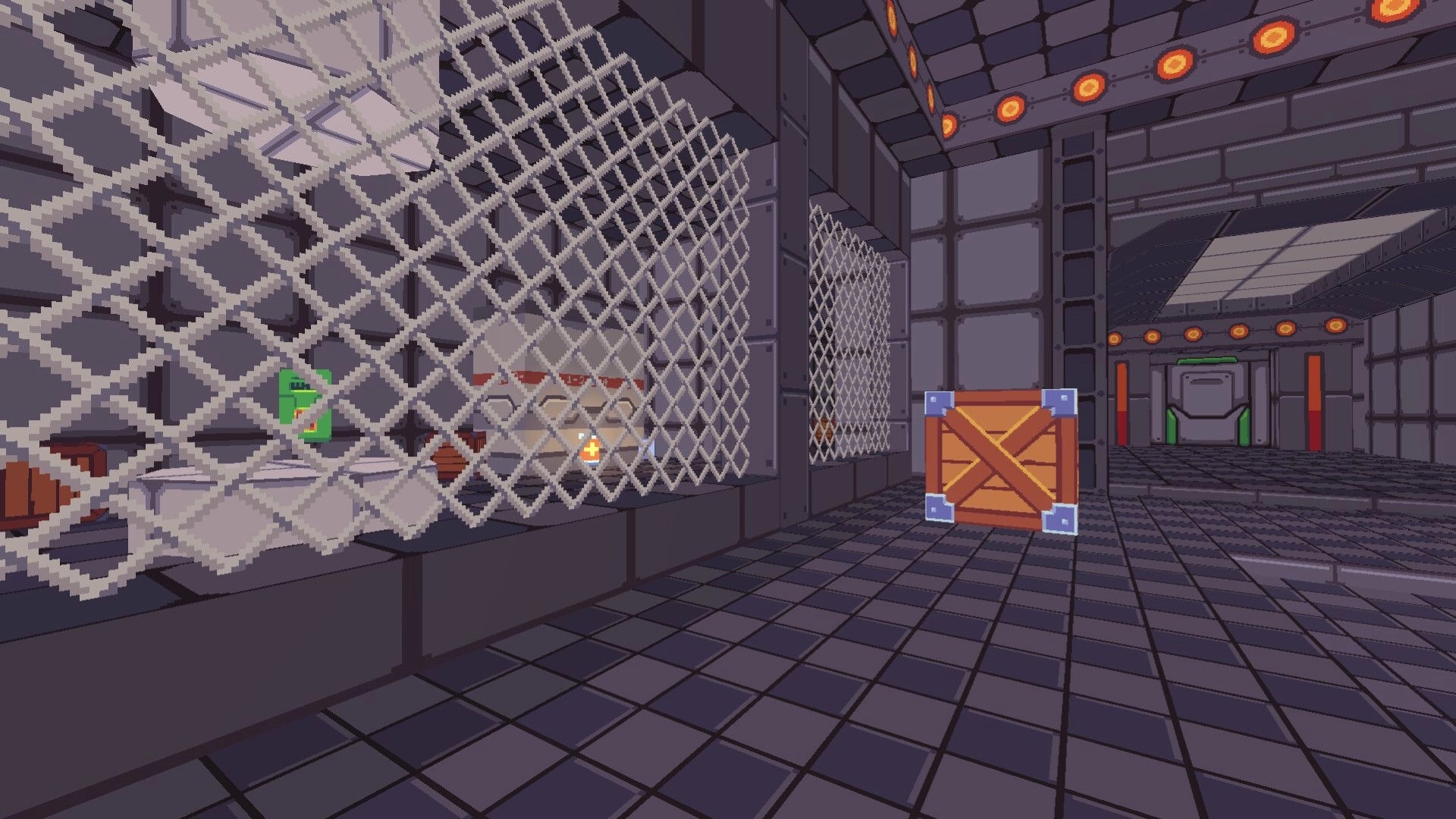 Project: Industrial corridor with metal grid fences, orange crate, and glowing ceiling lights