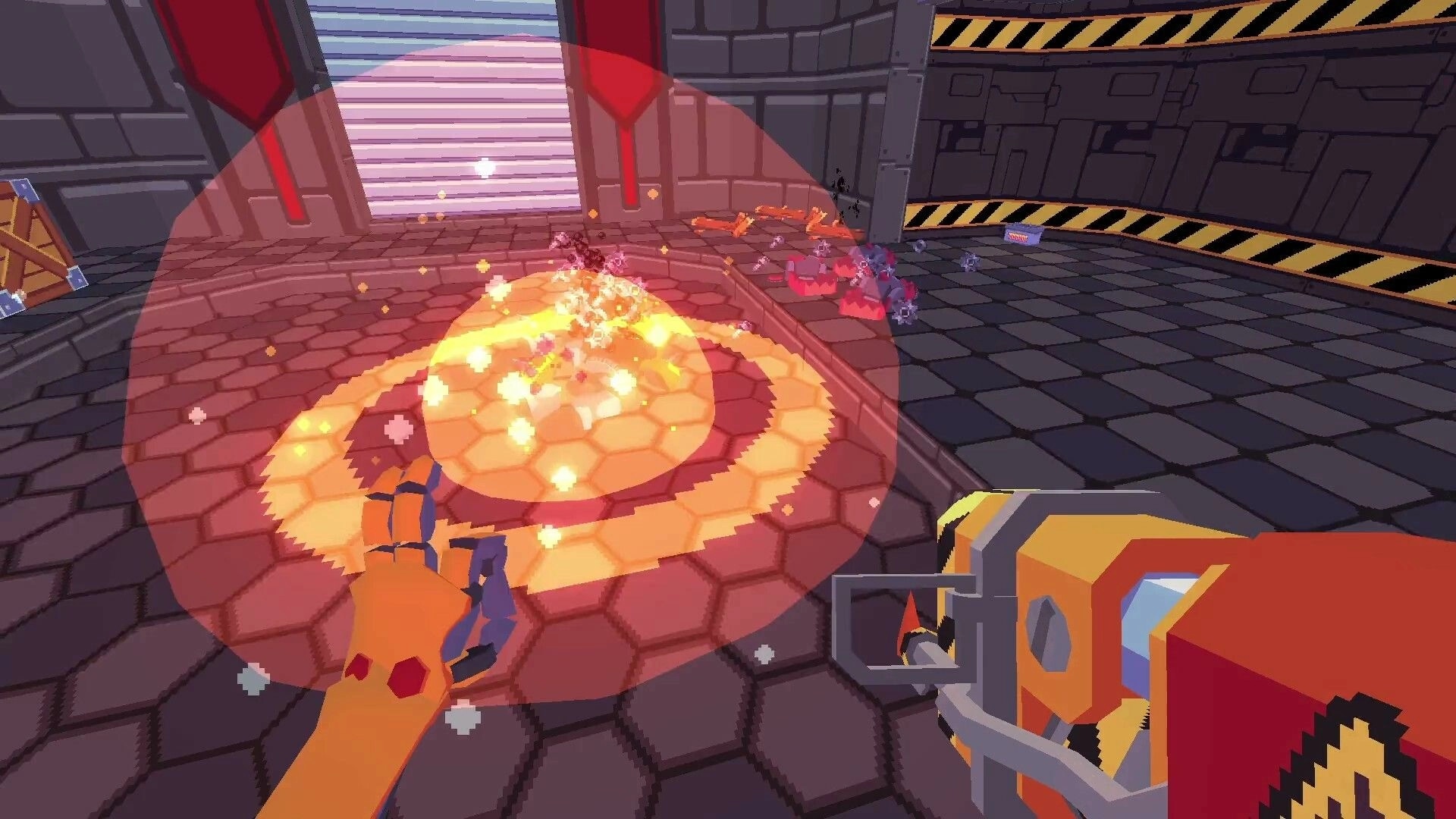 Project: SID uses energy blast in industrial arena with hexagonal tiles and colorful effects