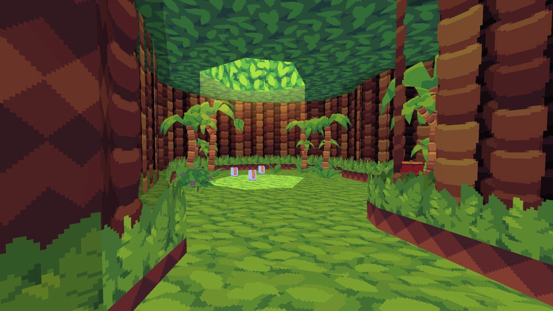 Project: Lush jungle environment with pixelated trees and glowing items on the ground