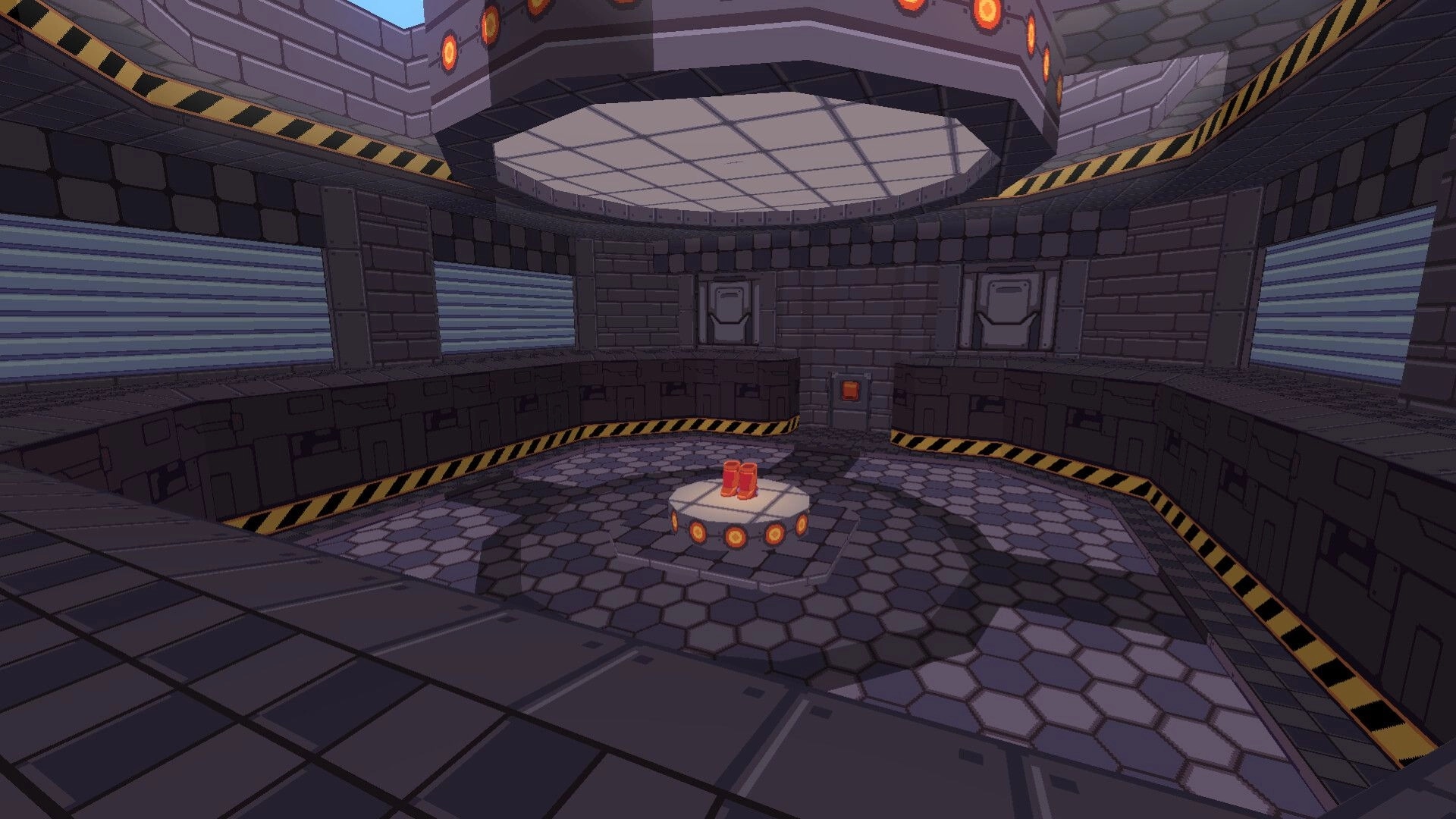 Project: Power-up room in futuristic facility with hexagonal floor and glowing boots on pedestal