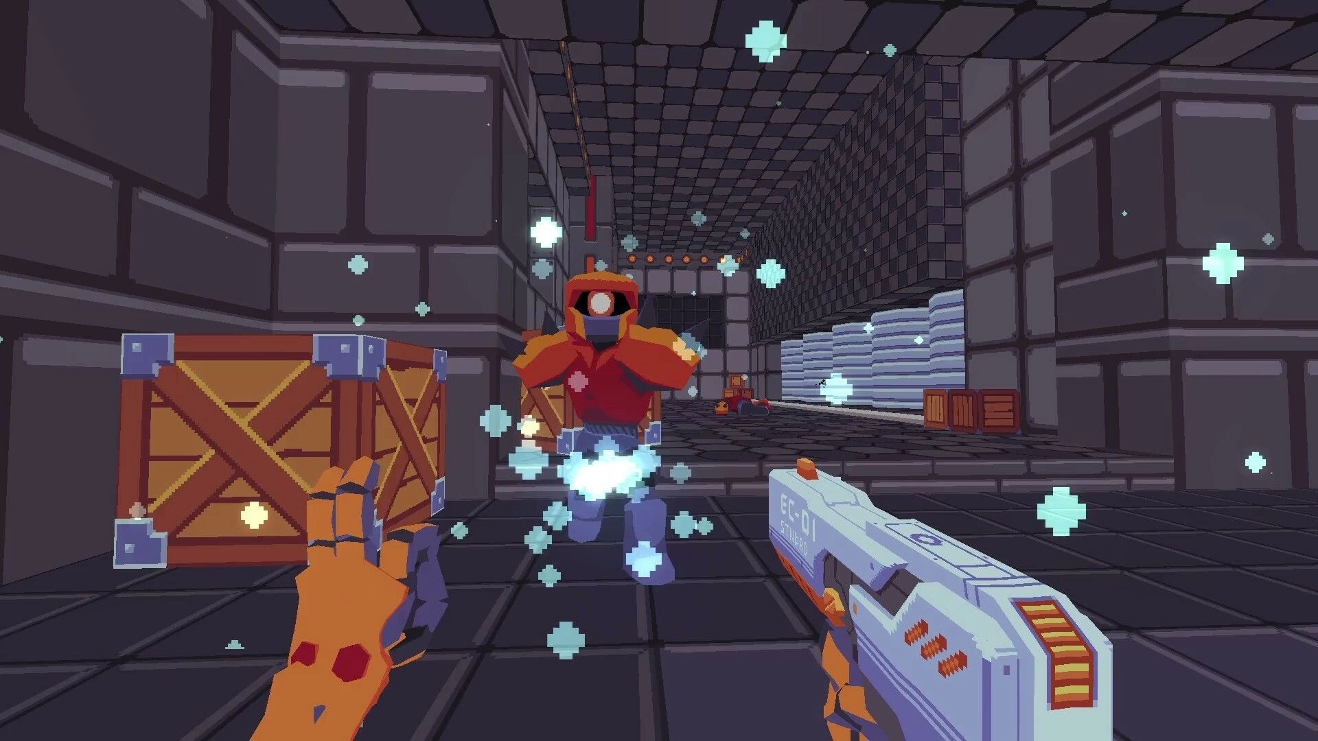 Project: SID in combat with a robot enemy in a pixelated corridor environment with crates nearby.