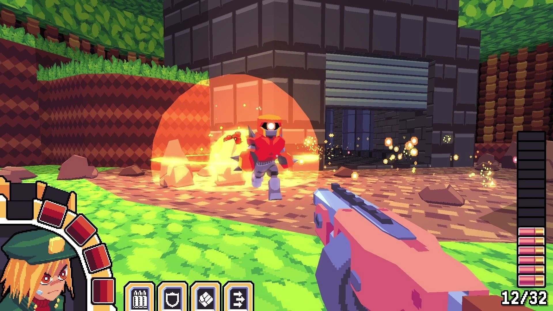 Project: SID engaged in combat with a robot in a colorful, pixelated outdoor environment.