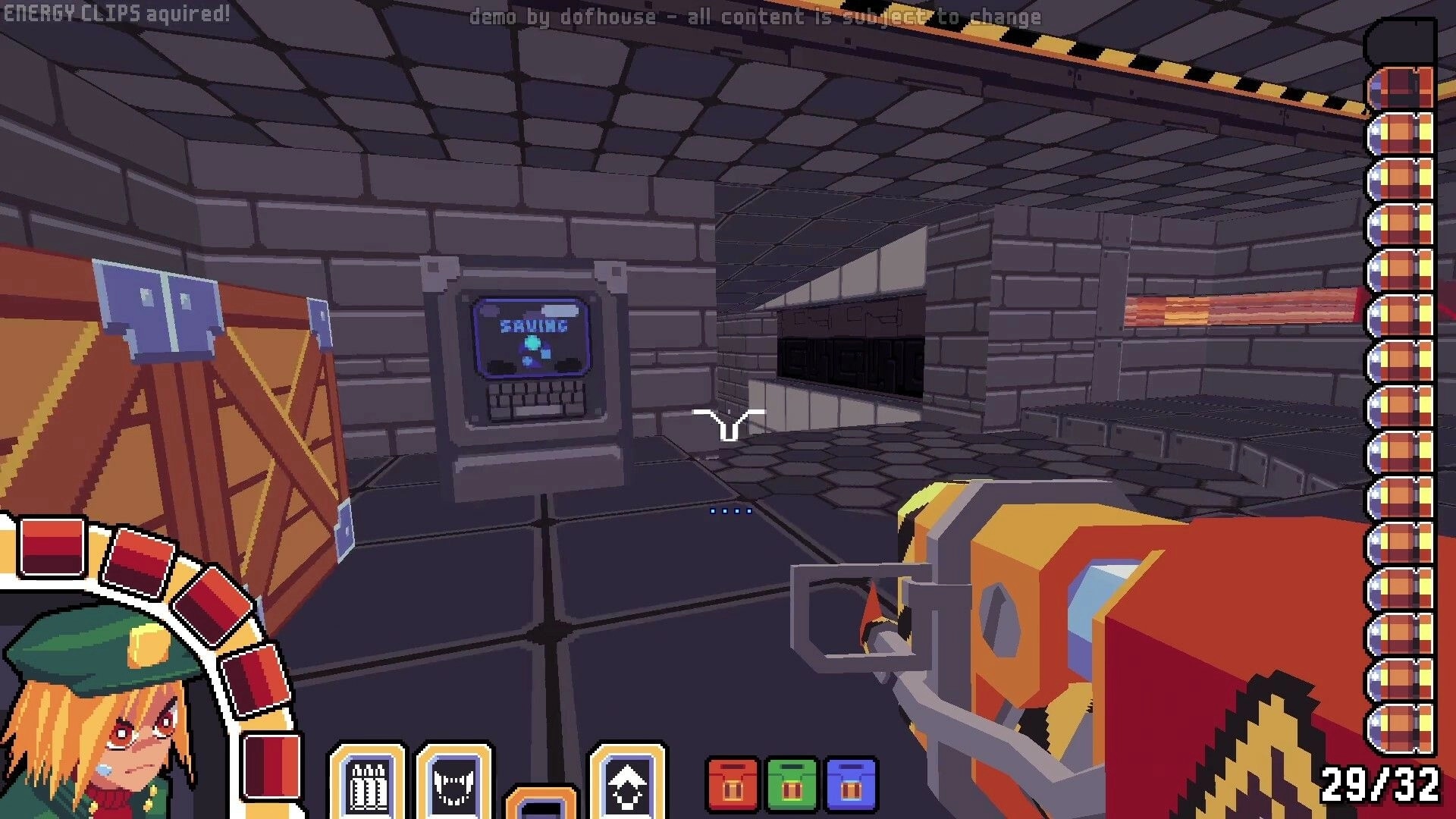 Project: SID in a futuristic corridor aiming a weapon, with save terminal and HUD elements visible.