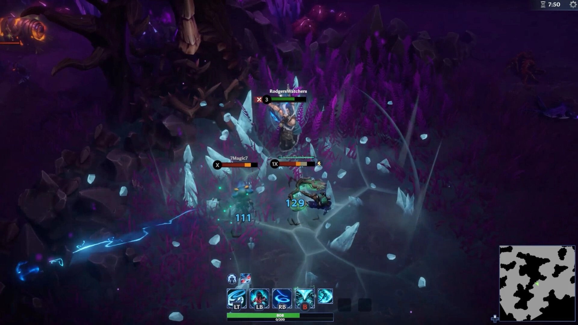 Project F4E: Combat with enemies in a dark forest, UI displays health and abilities at the bottom