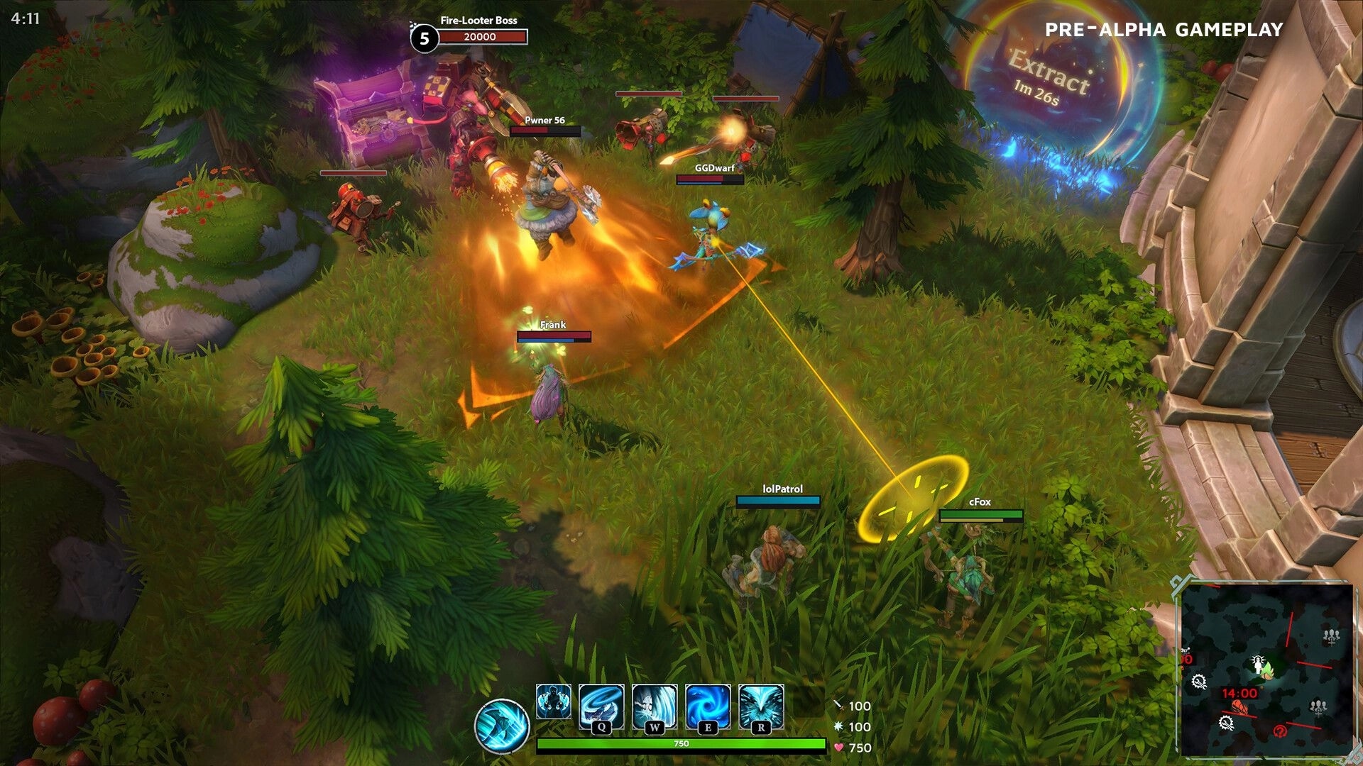 Project F4E: Players fighting Fire-Looter Boss in forest clearing, extraction point countdown active