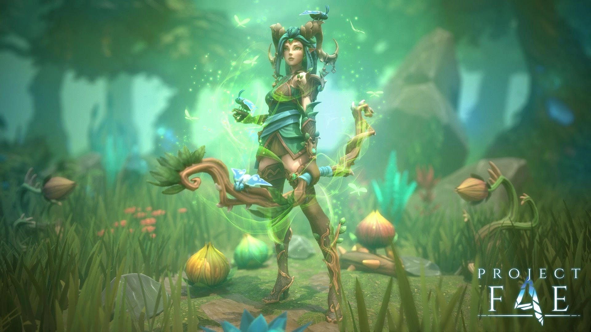 Project F4E: Elf archer in magical forest, glowing bow and butterflies surrounding her, ready for action.