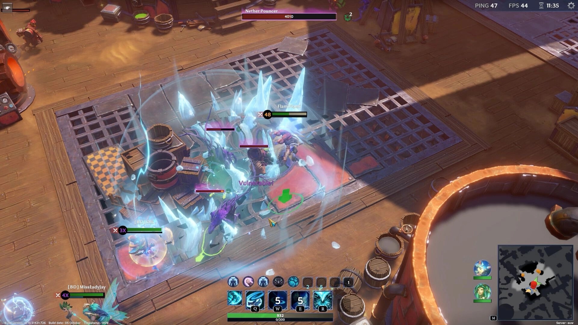 Project F4E: Team battle with ice barriers in wooden ship setting, UI shows ability icons and minimap.