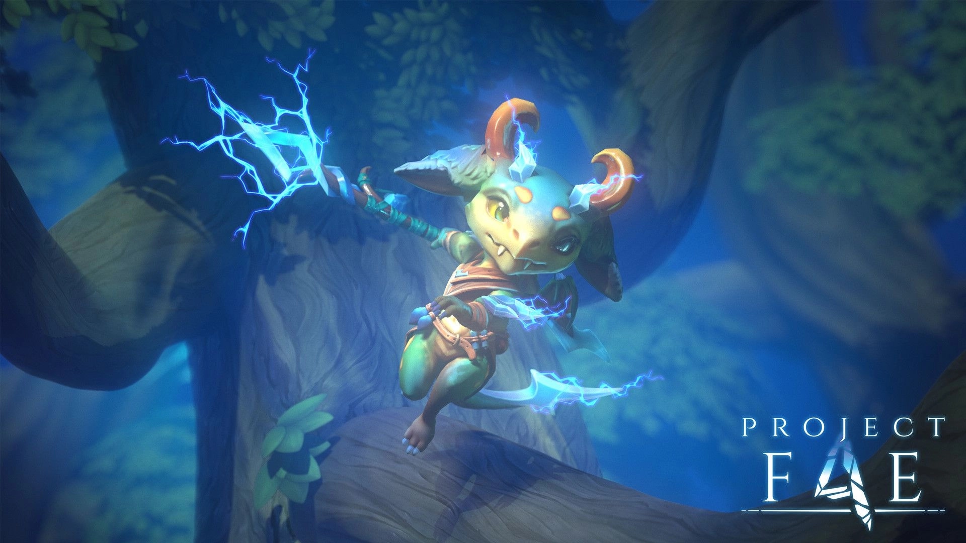 Project F4E: Mythical creature with glowing staff leaping through enchanted forest environment
