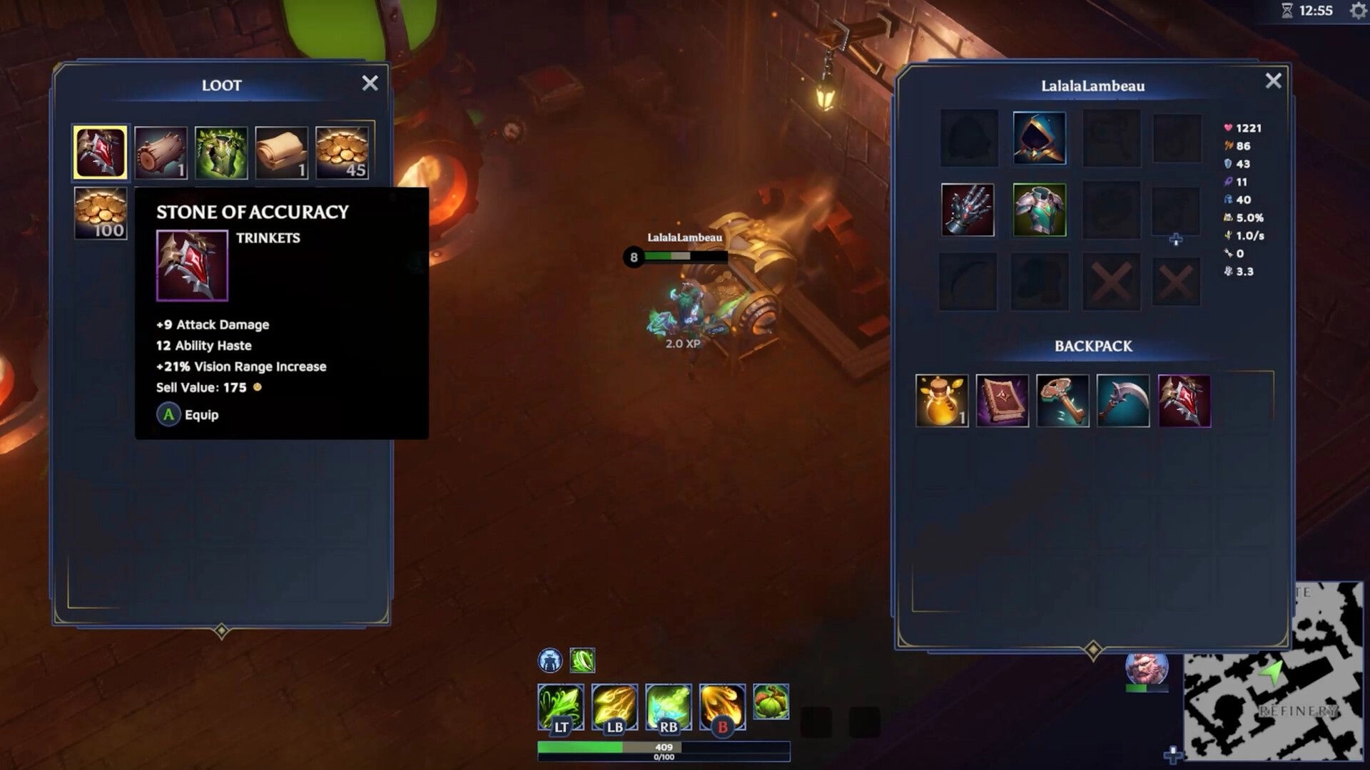 Project F4E: Player manages inventory and loot in a dimly lit dungeon with crafting station nearby.