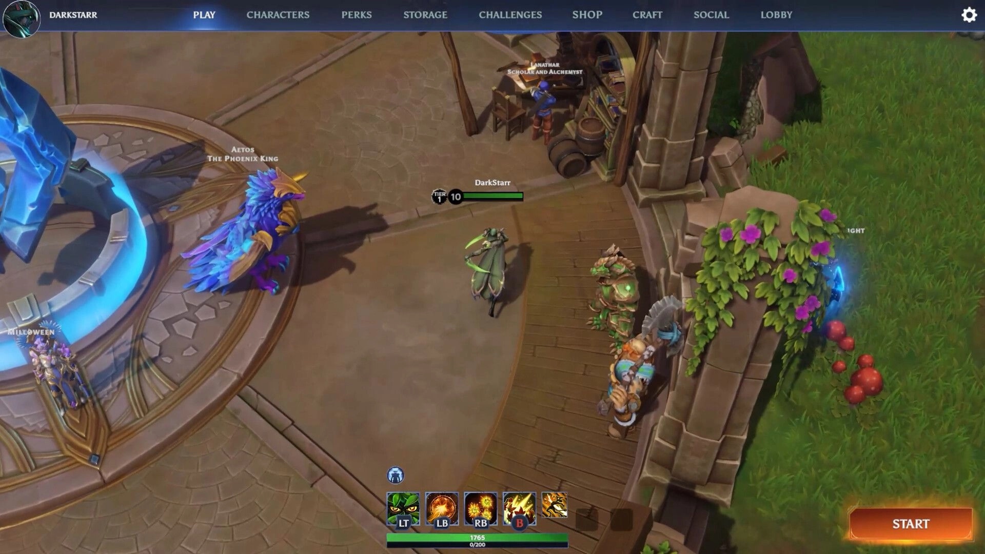Project F4E: Player near alchemist's shop with Phoenix King and UI elements in fantasy village setting.