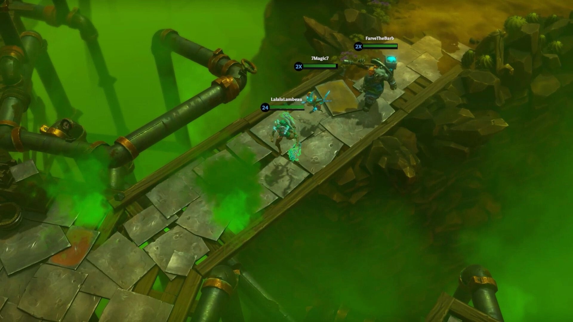 Project F4E: Three players traverse a metal bridge over toxic green gas in an industrial environment.