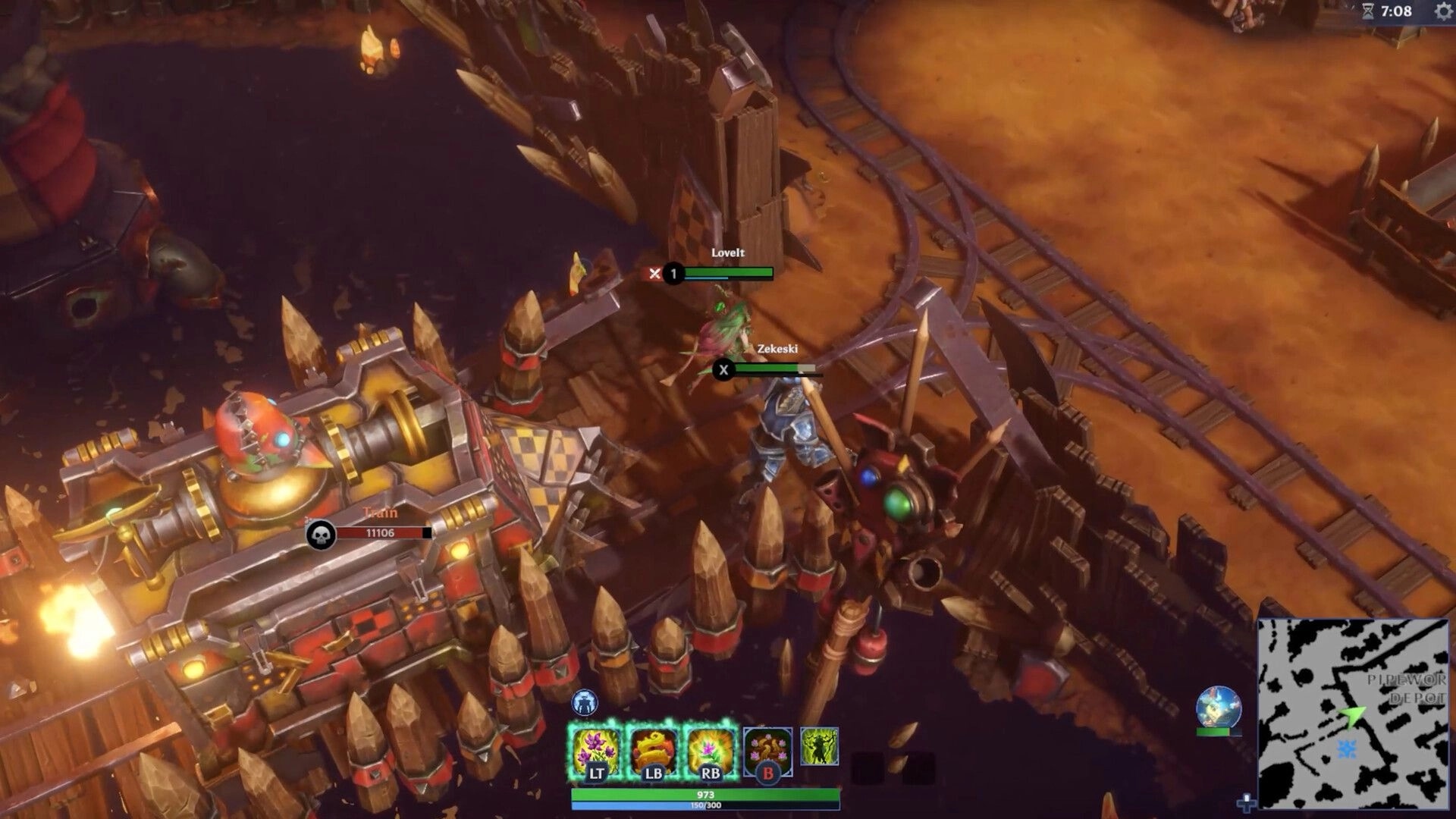 Project F4E: Characters Lovelt and Zekeski battling near armored train on desert track environment
