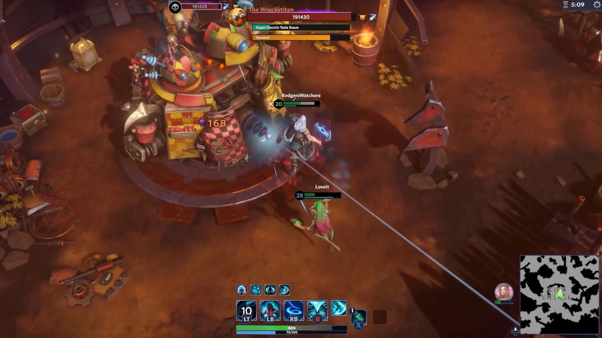 Project F4E: Combat with The Wrecktitan in a desert arena, UI and abilities displayed at bottom.