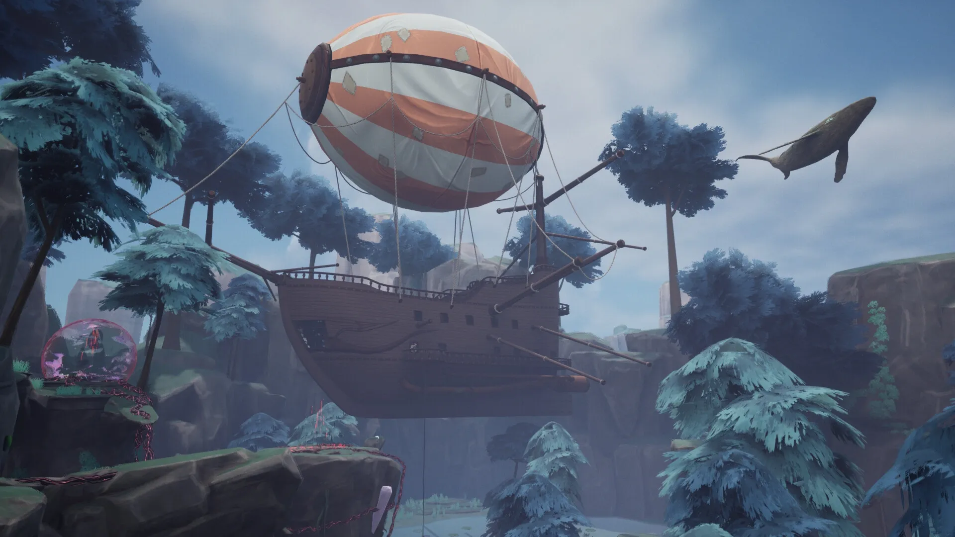 Project Grove: Floating airship above forest with trees and distant flying creature in the background