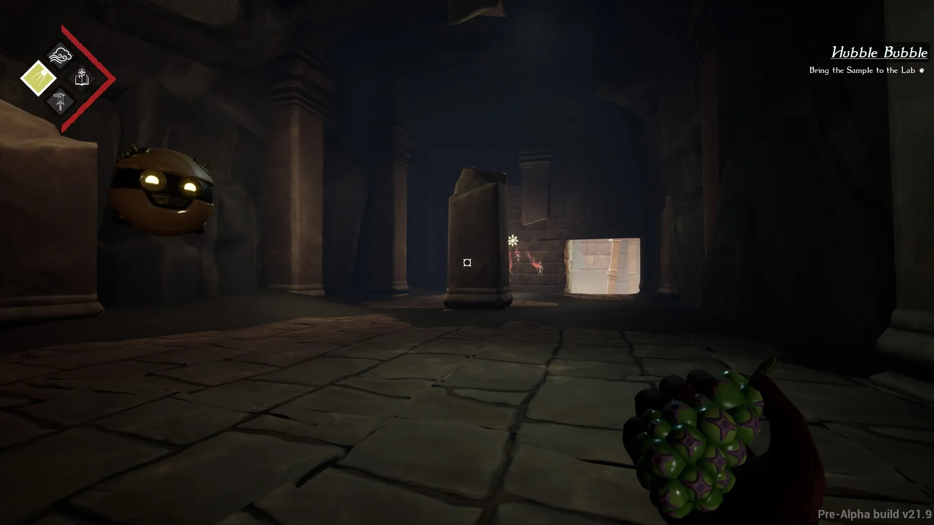 Project Grove: Edric holds grapes in a dim stone chamber with L-P1N floating beside him