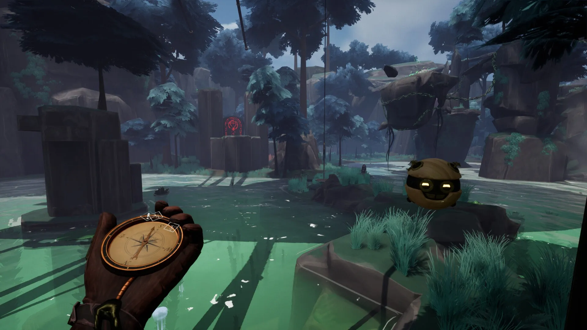 Project Grove: Edric holds a compass in lush forest with L-P1N floating nearby